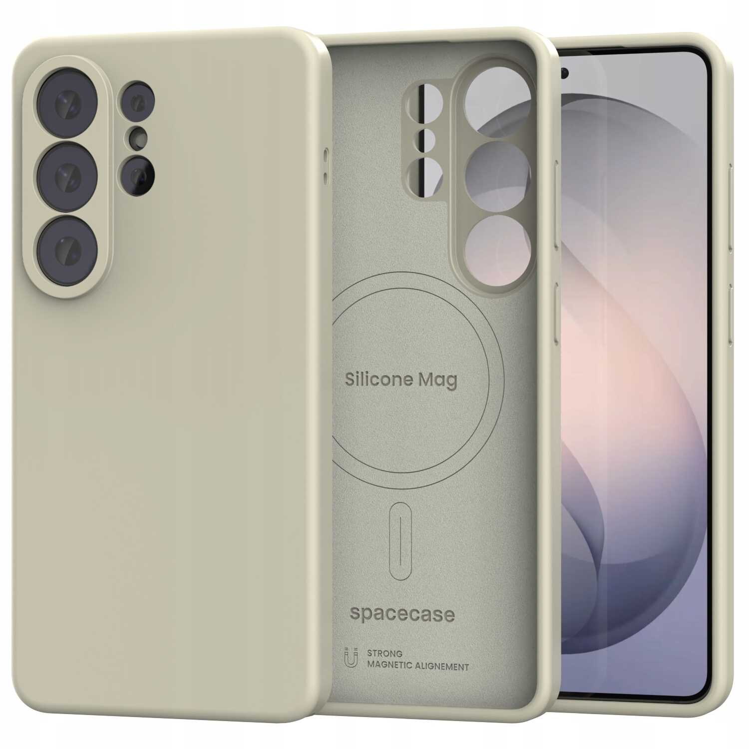 Beżowe silikonowe etui magnetyczne z trzema otworami na aparaty i napisem \'Silicone Mag\' oraz \'spacecase\' na wewnętrznej stronie. Widoczny jest również telefon z wyświetlaczem w etui.