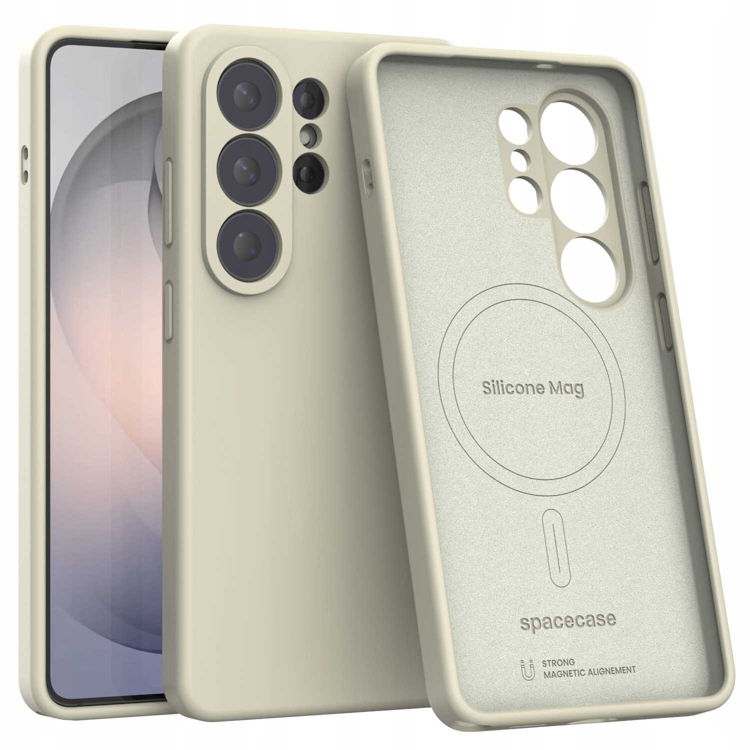 Beżowe silikonowe etui magnetyczne z MagSafe do telefonu, z widocznymi wycięciami na aparat i przyciski. Na wewnętrznej stronie etui znajduje się napis \'Silicone Mag\' oraz logo \'spacecase\'.