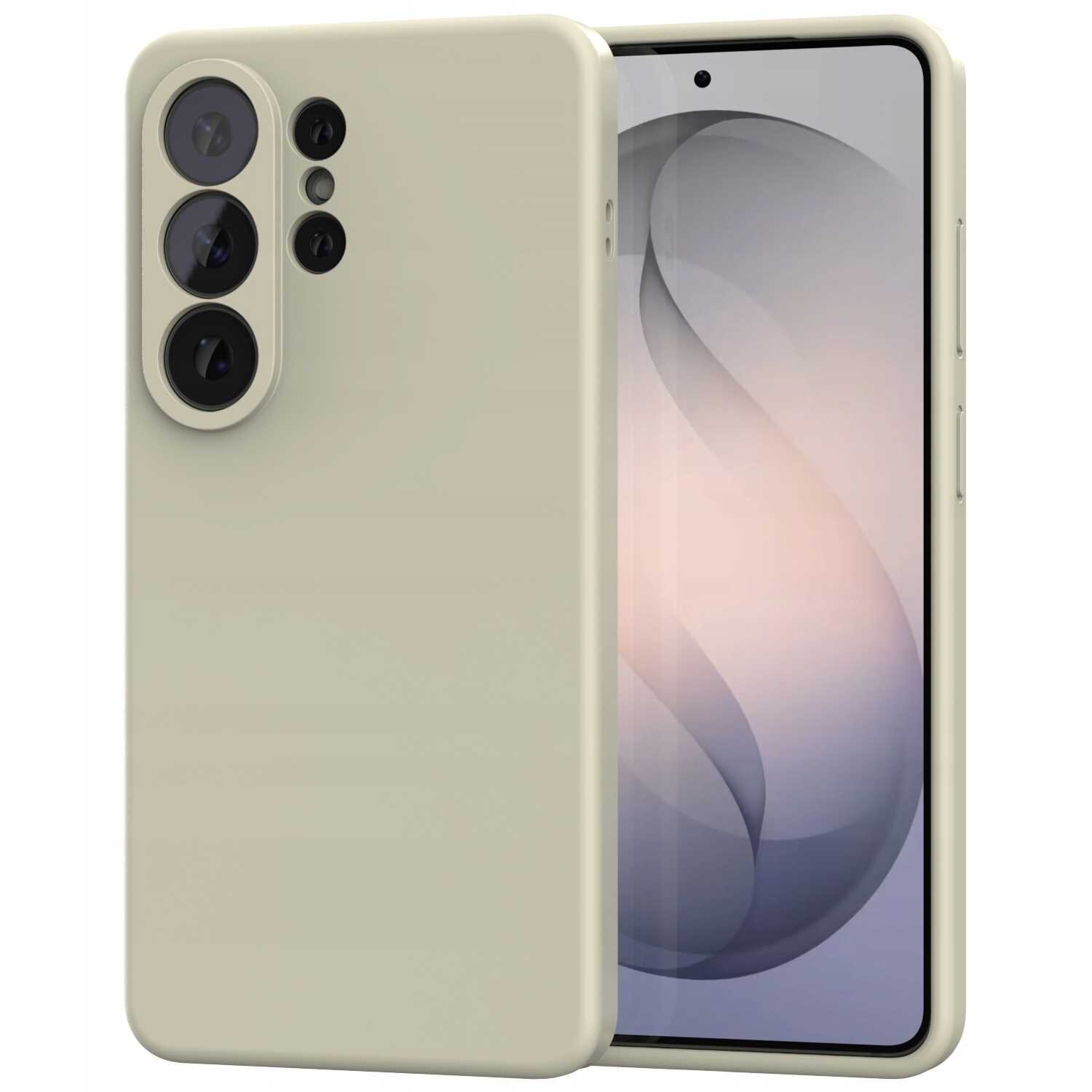 Beżowe silikonowe etui na telefon z trzema dużymi otworami na aparaty fotograficzne. Obok etui widoczny jest telefon z wyświetlaczem pokazującym abstrakcyjny wzór.