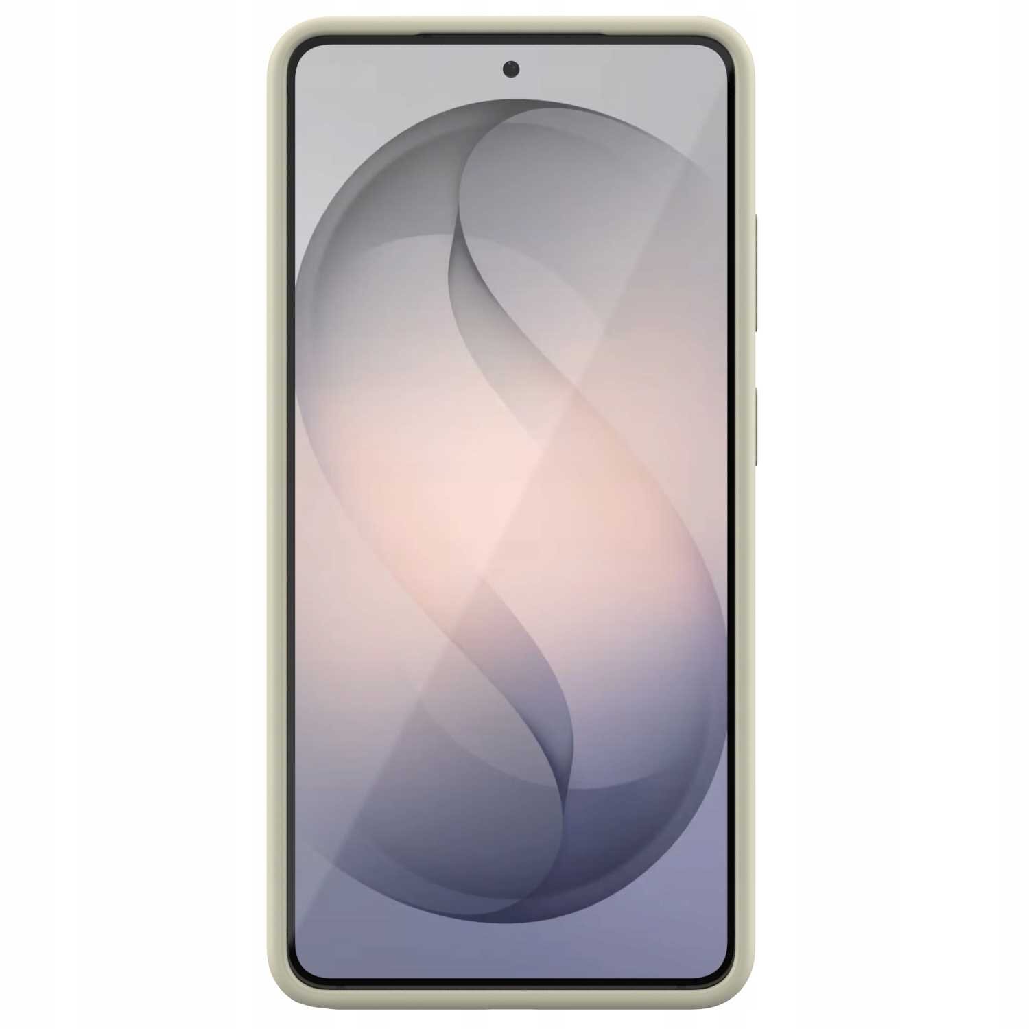 Na obrazie widoczny jest smartfon w beżowym etui, z wyświetlaczem pokazującym abstrakcyjny wzór w odcieniach szarości i różu.