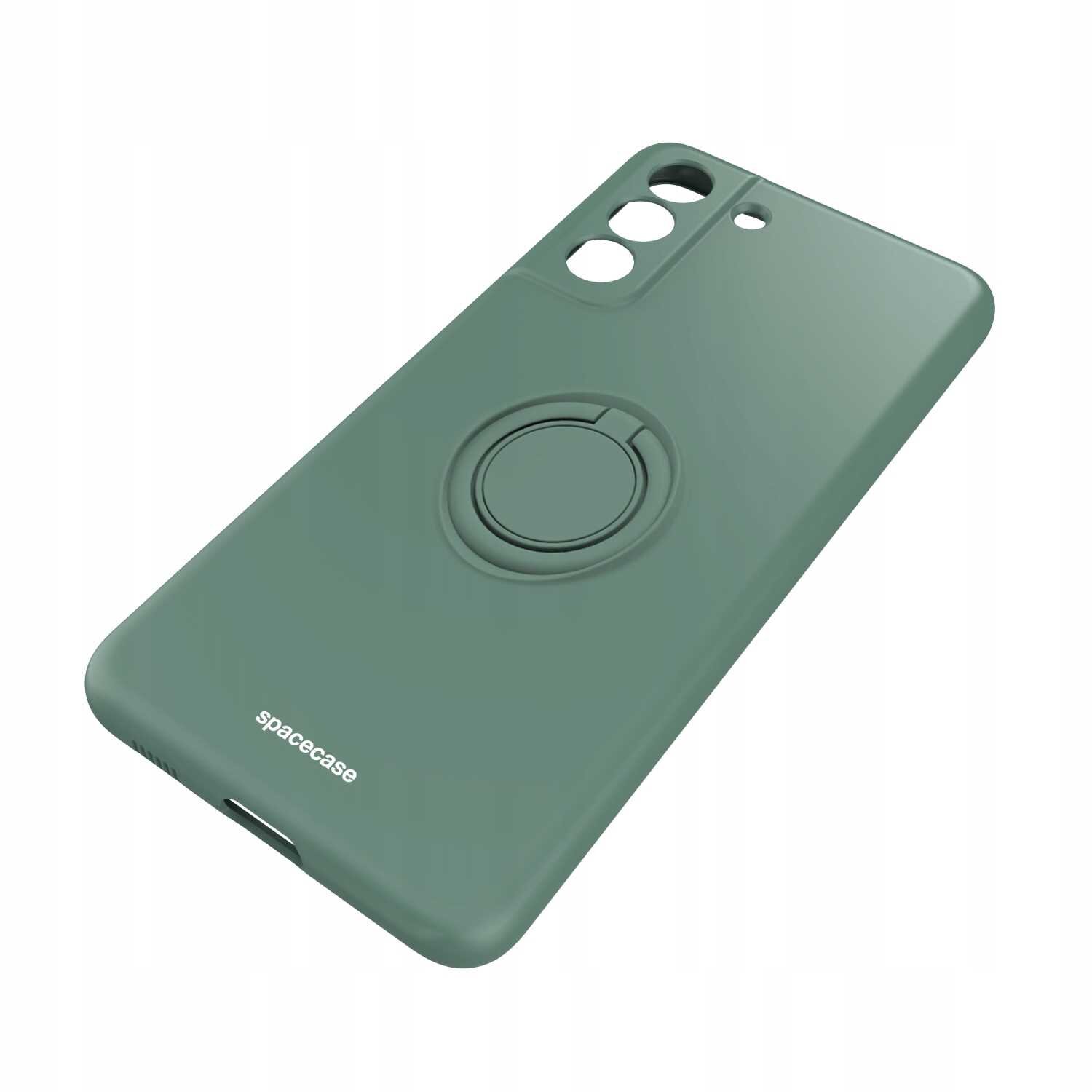 Zielone silikonowe etui z pierścieniem na tylnej stronie, przeznaczone do telefonu Galaxy S21 FE. Na etui widoczne jest logo \'spacecase\'.