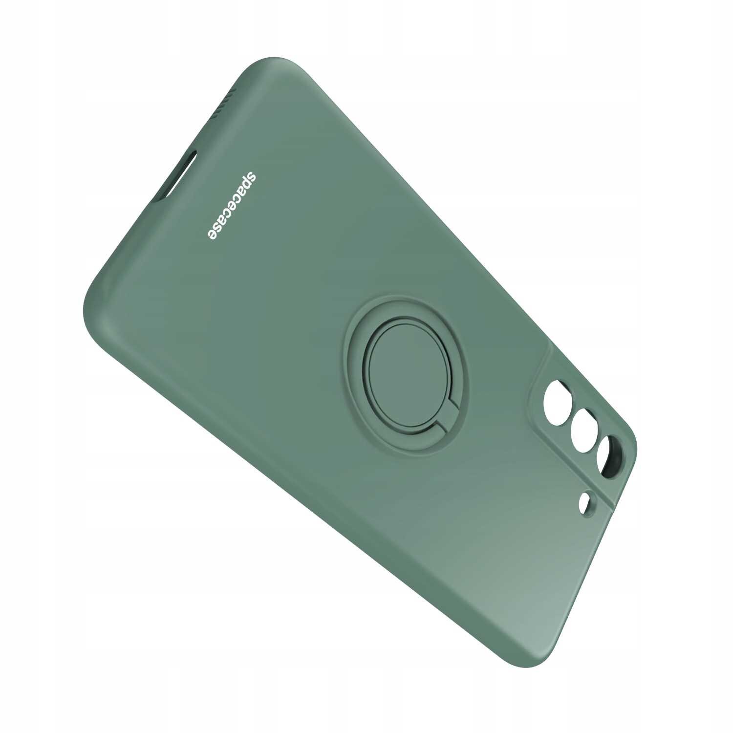 Zielone silikonowe etui z napisem \'Spacecase\' i wbudowanym pierścieniem na tylnej stronie. Etui posiada wycięcia na aparat i inne elementy telefonu.