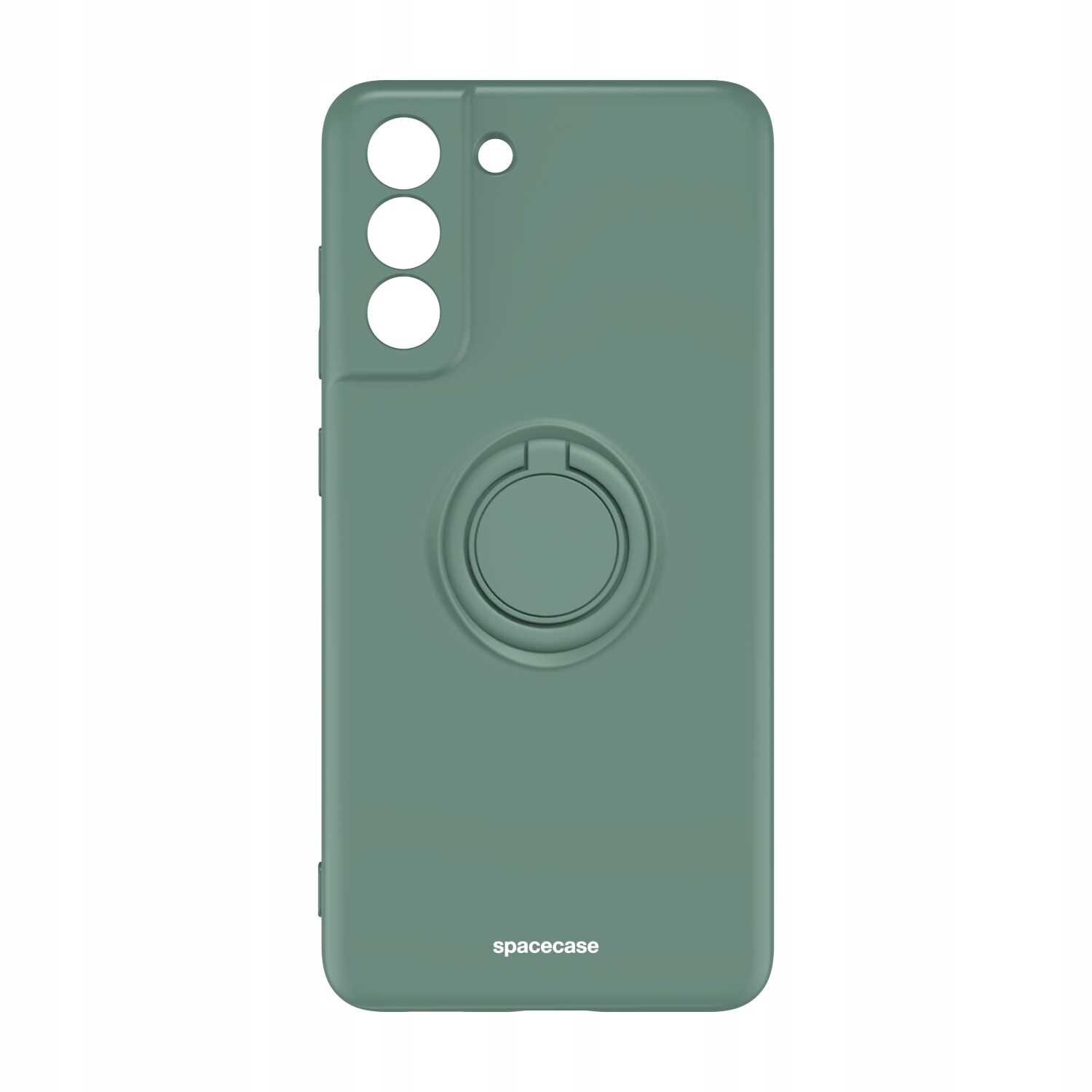 Zielone silikonowe etui z pierścieniem na tylnej stronie, przeznaczone do telefonu Galaxy S21 FE. Na dole widoczne jest logo \'spacecase\'.