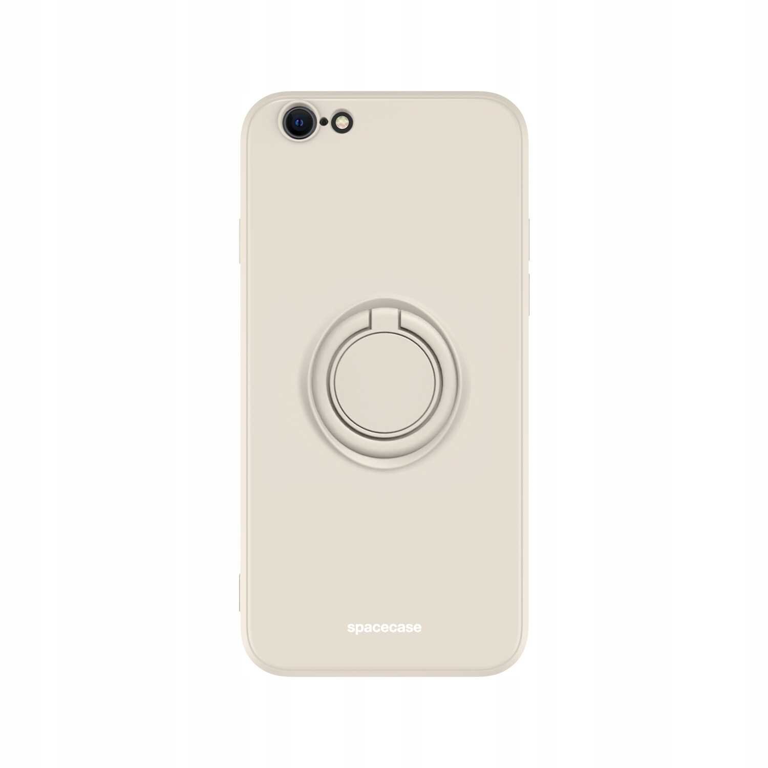 Beżowe silikonowe etui z pierścieniem na tylnej stronie, przeznaczone do iPhone 7/8/SE. Na dole widoczne jest logo \'spacecase\'.