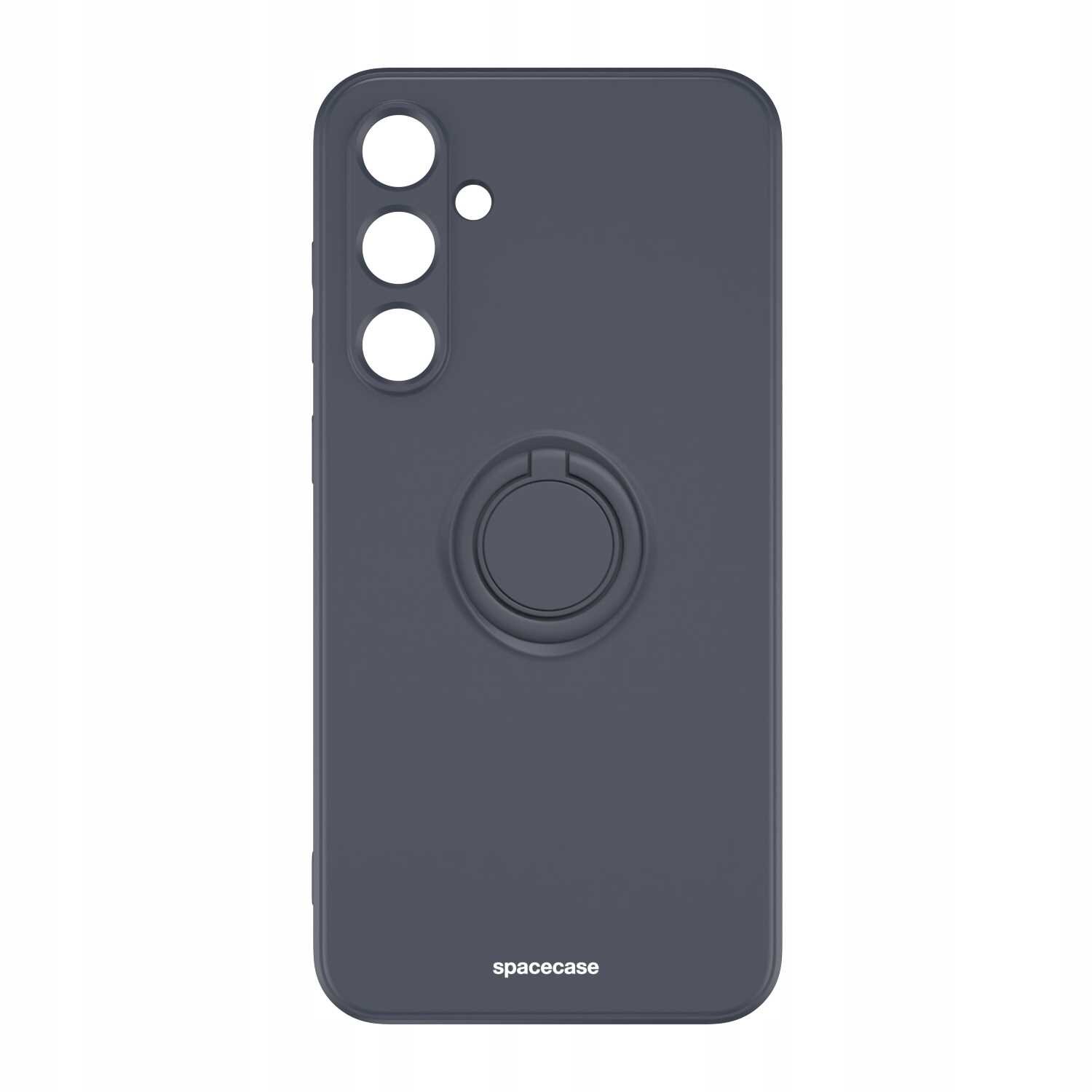 Czarne silikonowe etui z pierścieniem na tylnej stronie, posiada trzy otwory na aparat i jeden mniejszy otwór. Na dole widoczny jest napis \'spacecase\'.