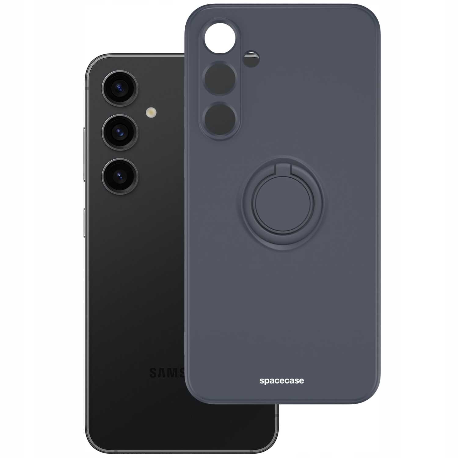 Na obrazie widoczne jest czarne silikonowe etui z pierścieniem na telefon oraz telefon z trzema obiektywami aparatu. Na etui znajduje się napis \'spacecase\'.
