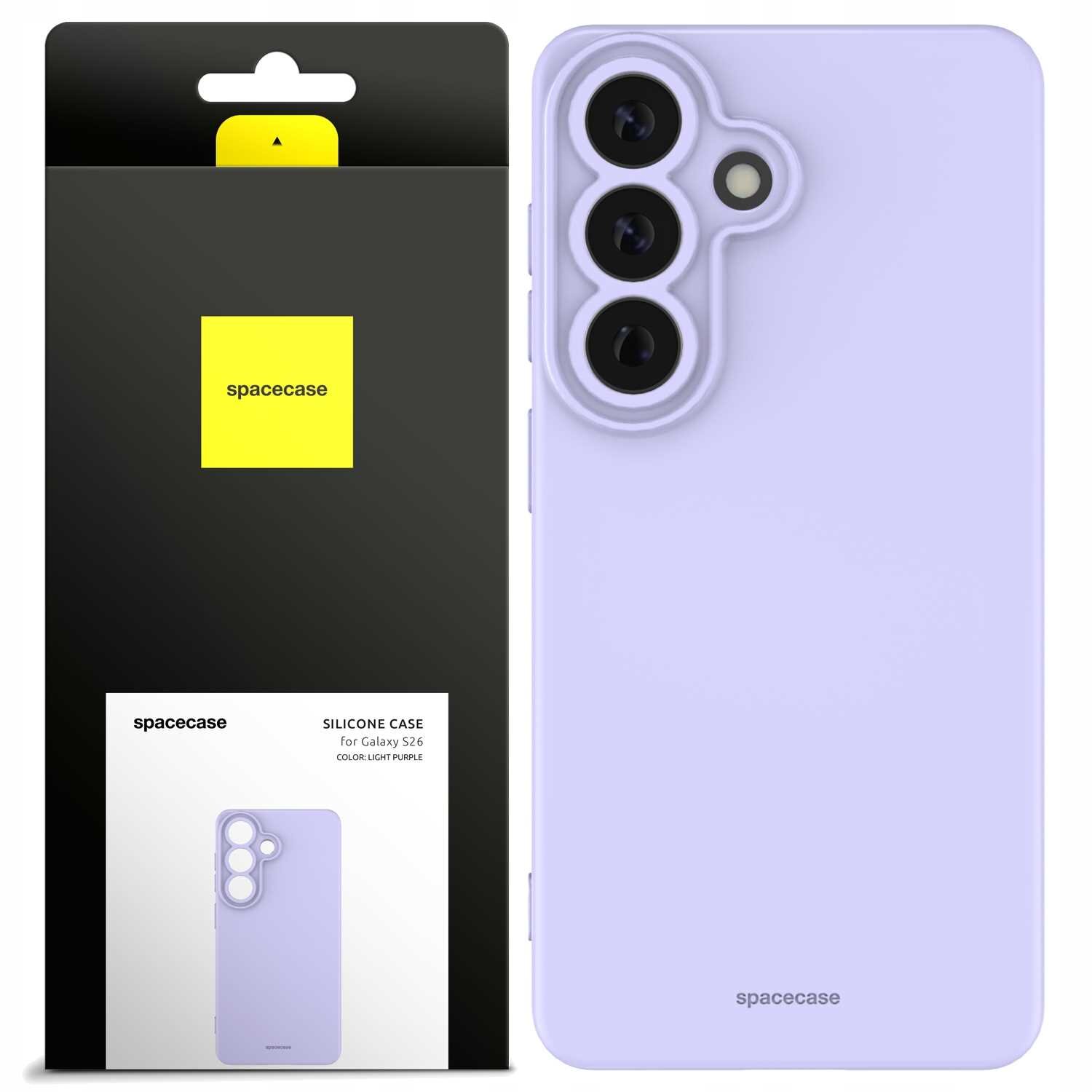 Obraz przedstawia fioletowe silikonowe etui na telefon z trzema otworami na aparaty. Obok znajduje się opakowanie z logo \'spacecase\' i napisem \'SILICONE CASE for Galaxy S26 COLOR: LIGHT PURPLE\'.