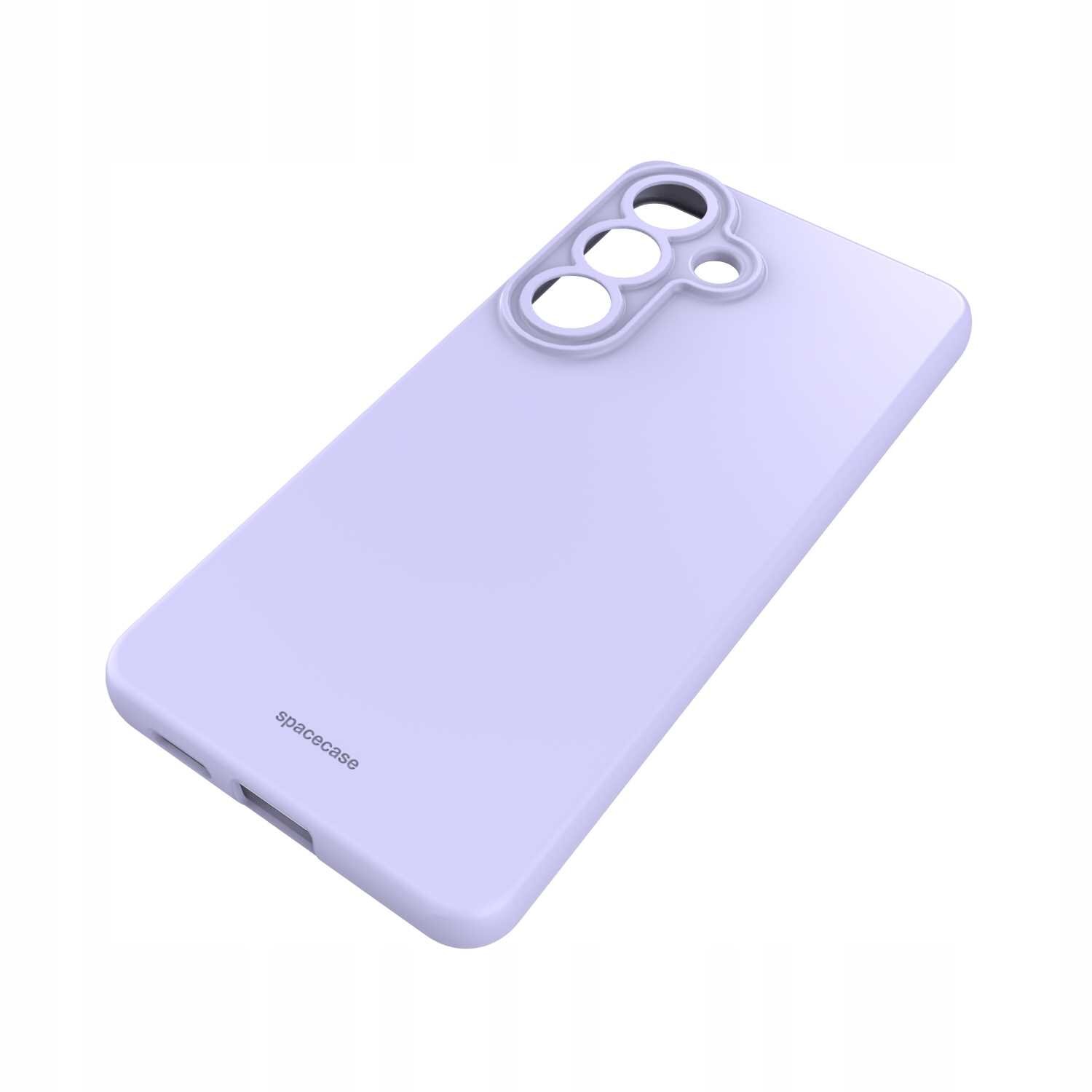 Fioletowe silikonowe etui z trzema otworami na aparat i napisem \'spacecase\' na dole.