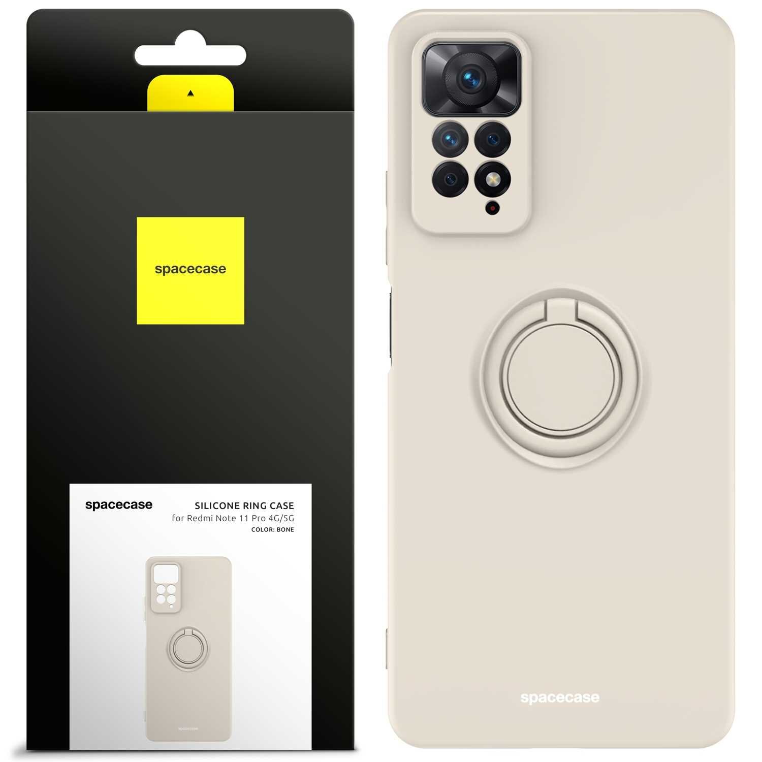 Beżowe silikonowe etui z pierścieniem na telefon, zapakowane w czarne opakowanie z żółtym logo \'spacecase\'. Na opakowaniu widnieje napis: \'SILICONE RING CASE for Redmi Note 11 Pro 4G/5G COLOR: BONE\'.