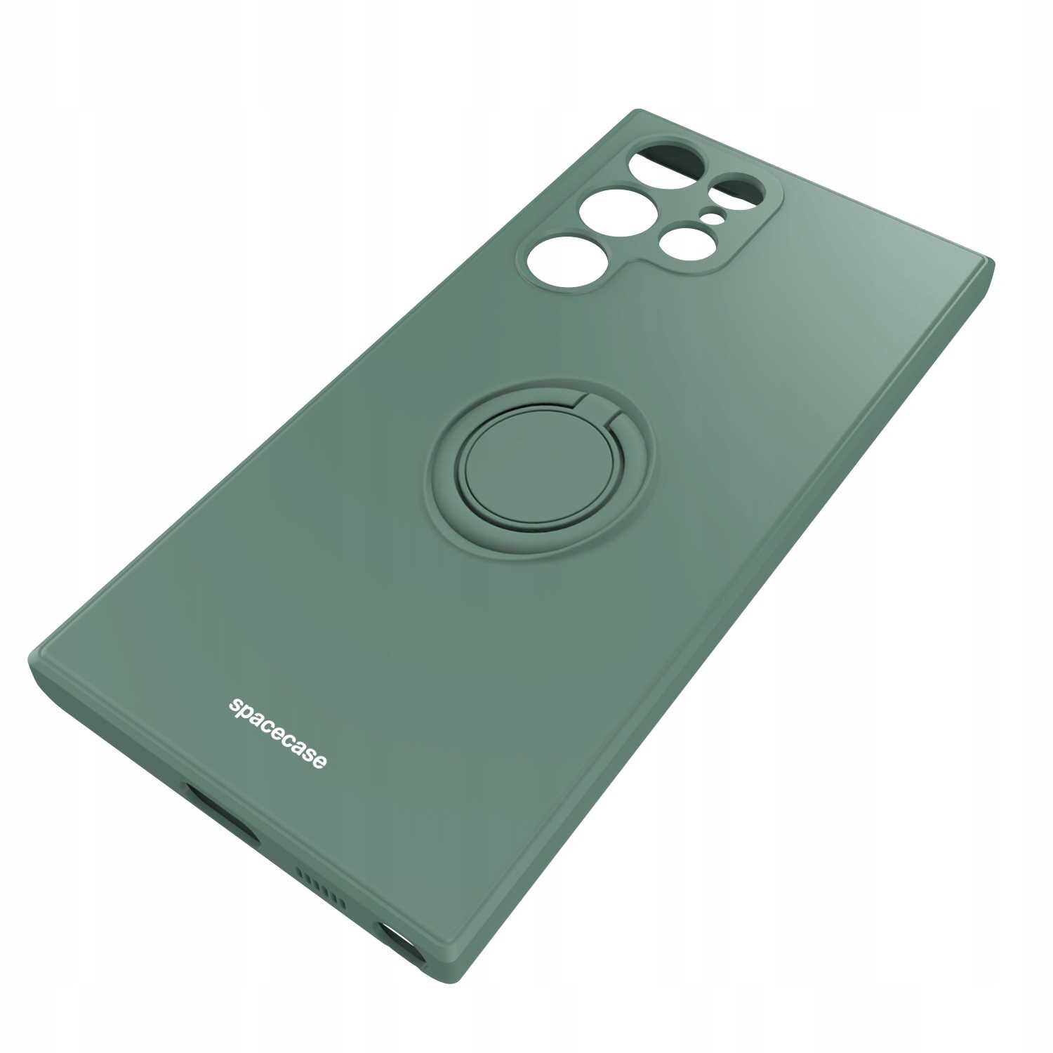 Zielone silikonowe etui z pierścieniem na tylnej stronie, posiada wycięcia na aparat i logo \'spacecase\'.
