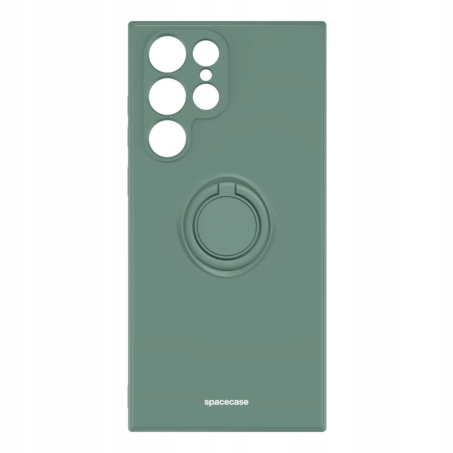 Zielone silikonowe etui z otworami na aparat i wbudowanym uchwytem pierścieniowym. Na dole widoczny jest napis \'spacecase\'.