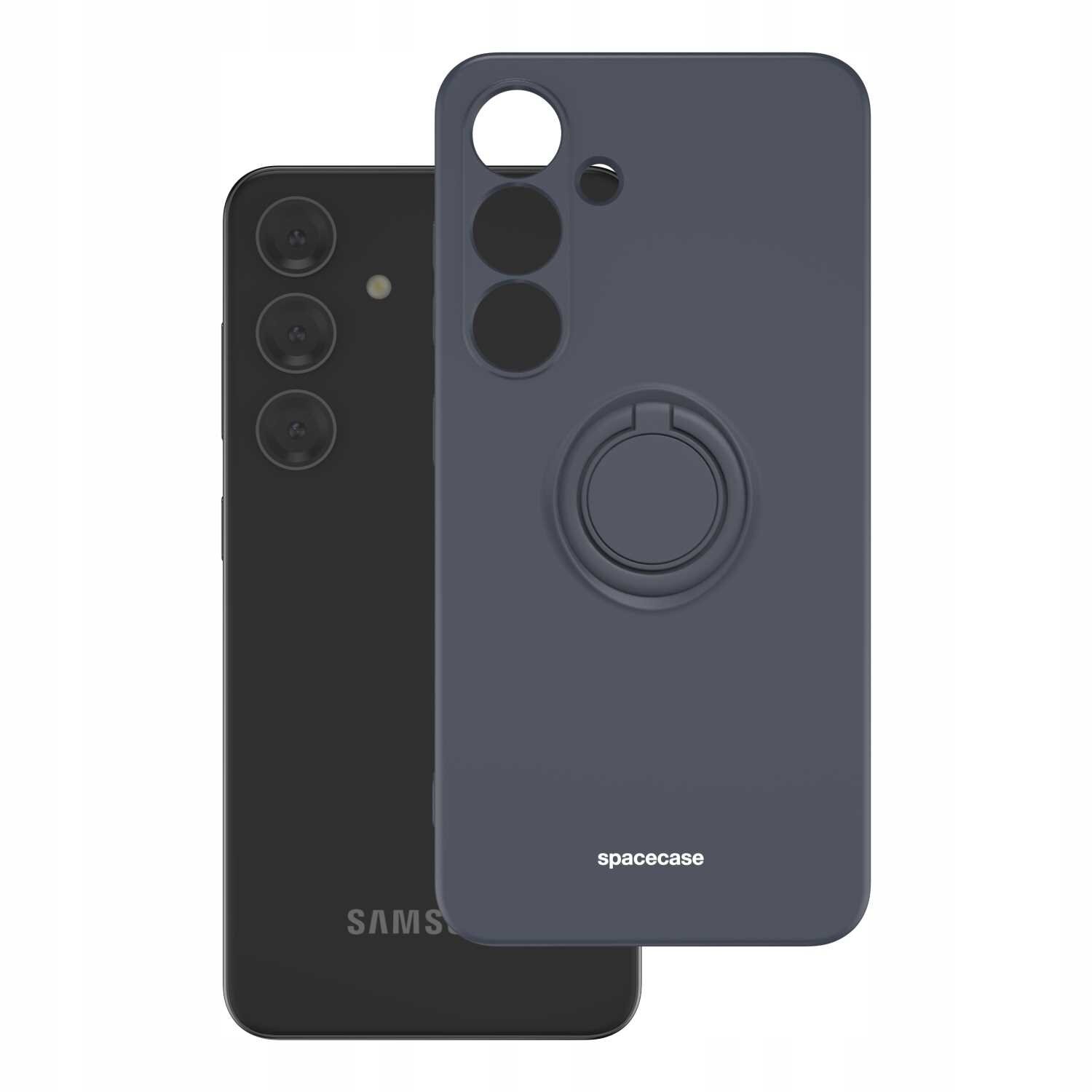Na obrazie widoczne jest czarne silikonowe etui z napisem \'spacecase\' oraz telefon z trzema aparatami i logo \'SAMSUNG\'. Etui posiada okrągły uchwyt na tylnej części.