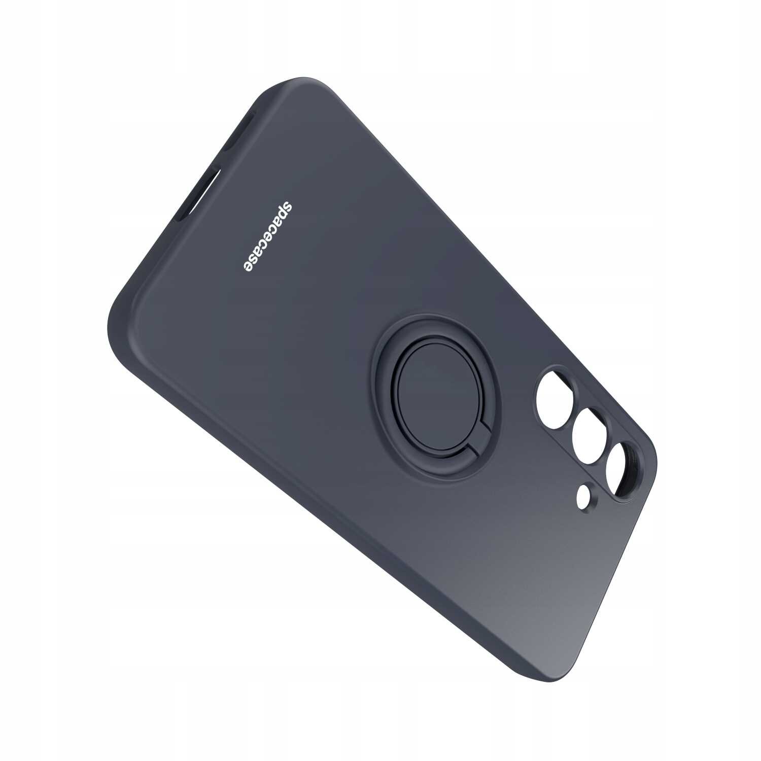 Czarne silikonowe etui z napisem \'spacecase\' i wbudowanym pierścieniem na tylnej stronie. Posiada wycięcia na aparat i inne elementy telefonu.
