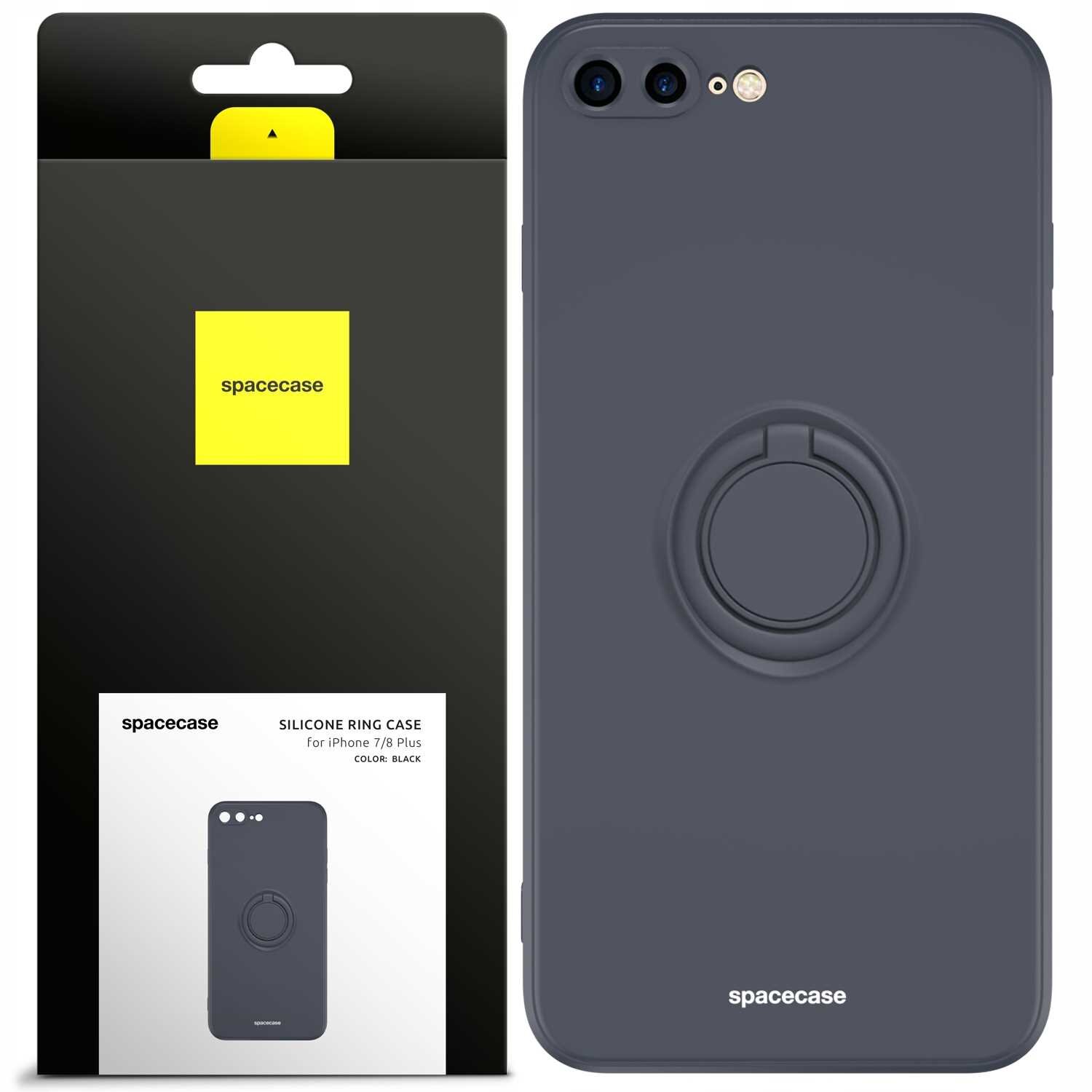 Obraz przedstawia czarne silikonowe etui z pierścieniem na iPhone 7/8 Plus. Opakowanie ma logo \'spacecase\' na żółtym tle oraz napis \'SILICONE RING CASE for iPhone 7/8 Plus COLOR: BLACK\'.