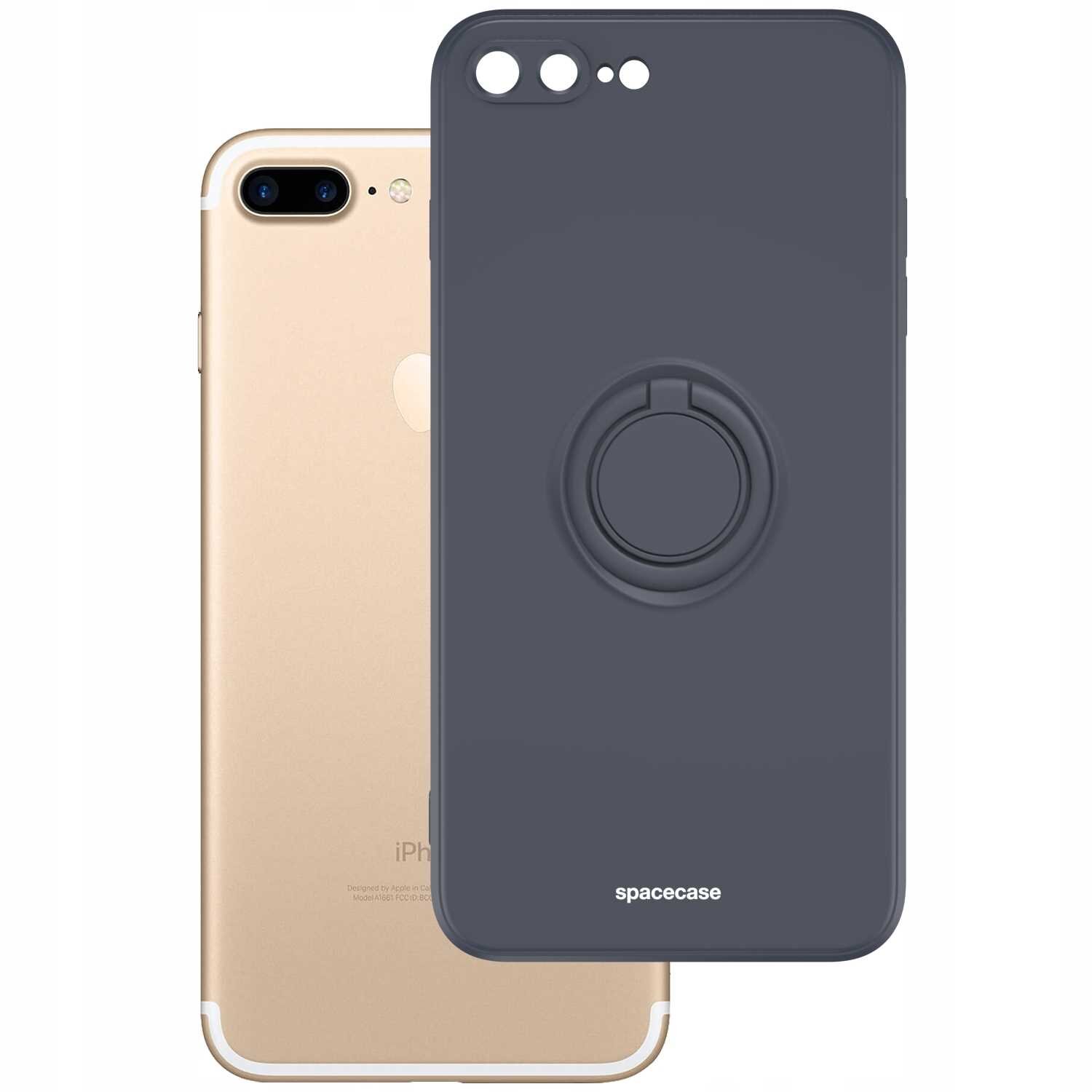 Na obrazie widoczne jest czarne silikonowe etui z pierścieniem, przeznaczone do iPhone 7/8 Plus, z logo \'spacecase\'. W tle znajduje się złoty telefon z widocznym logo producenta.