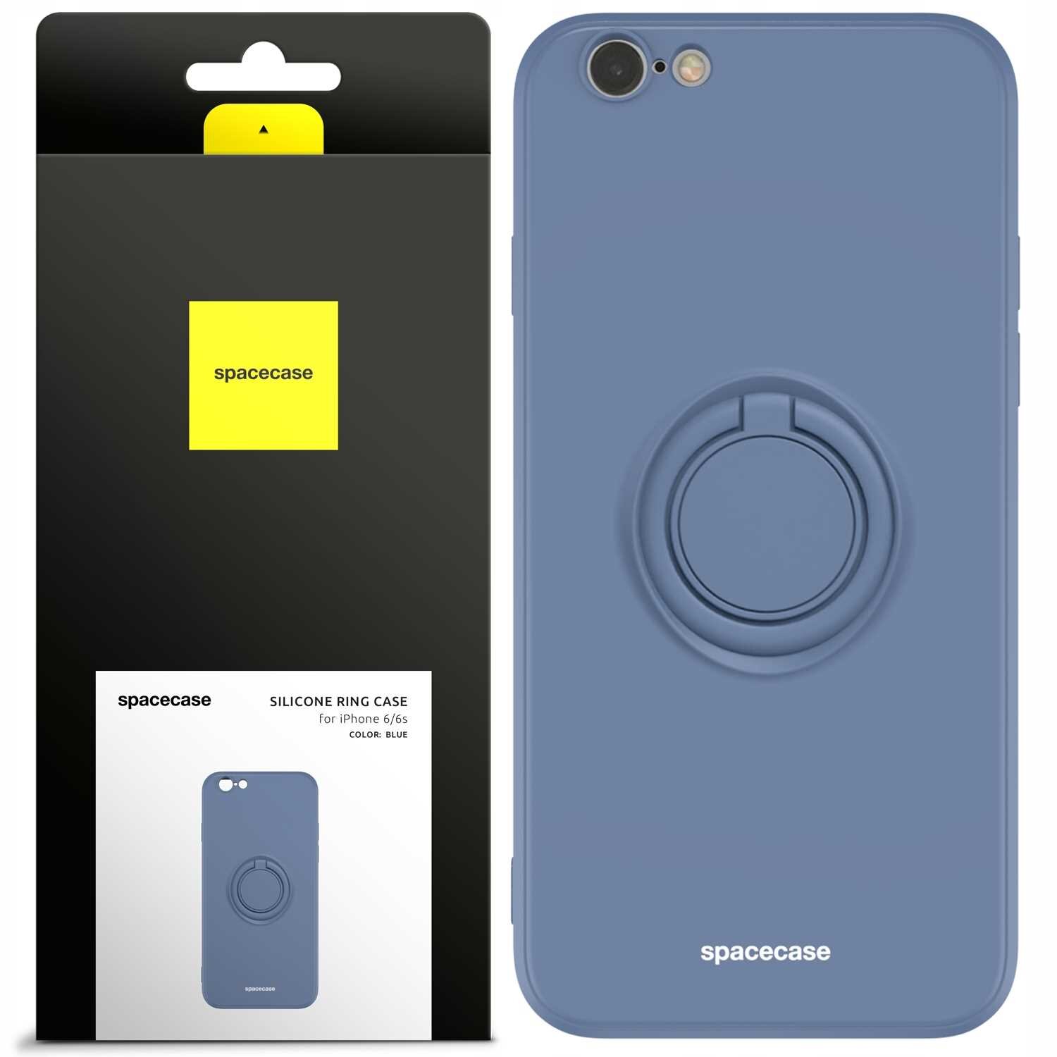Na obrazie widoczne jest niebieskie silikonowe etui z pierścieniem, przeznaczone do iPhone 6/6s. Opakowanie produktu ma czarne tło z żółtym logo \'spacecase\' oraz zdjęcie etui z opisem \'SILICONE RING CASE for iPhone 6/6s COLOR: BLUE\'.