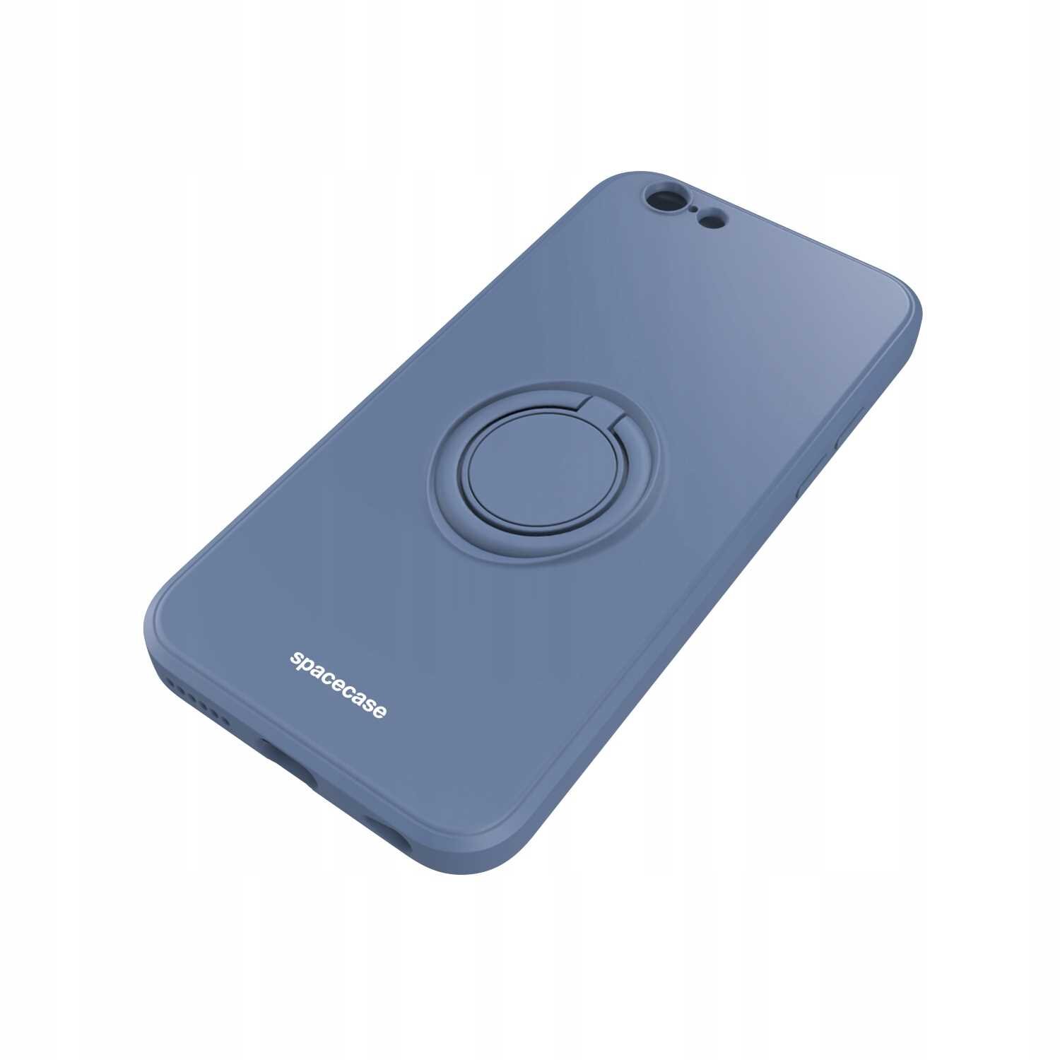 Niebieskie silikonowe etui z pierścieniem na tylnej części, z widocznym logo \'spacecase\'.