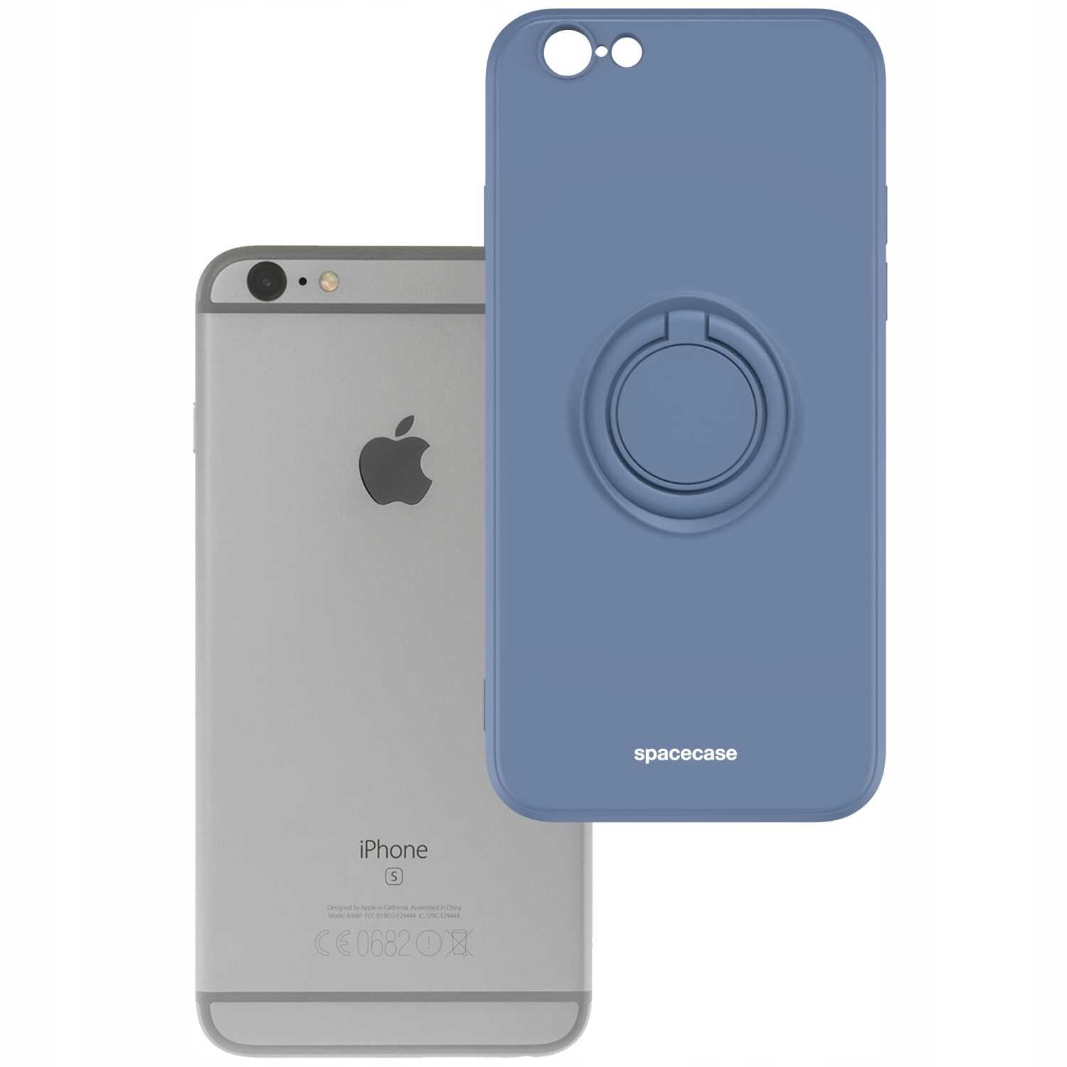 Na obrazie widoczne jest niebieskie silikonowe etui z pierścieniem, oznaczone napisem \'spacecase\'. Obok znajduje się szary telefon z logo jabłka.