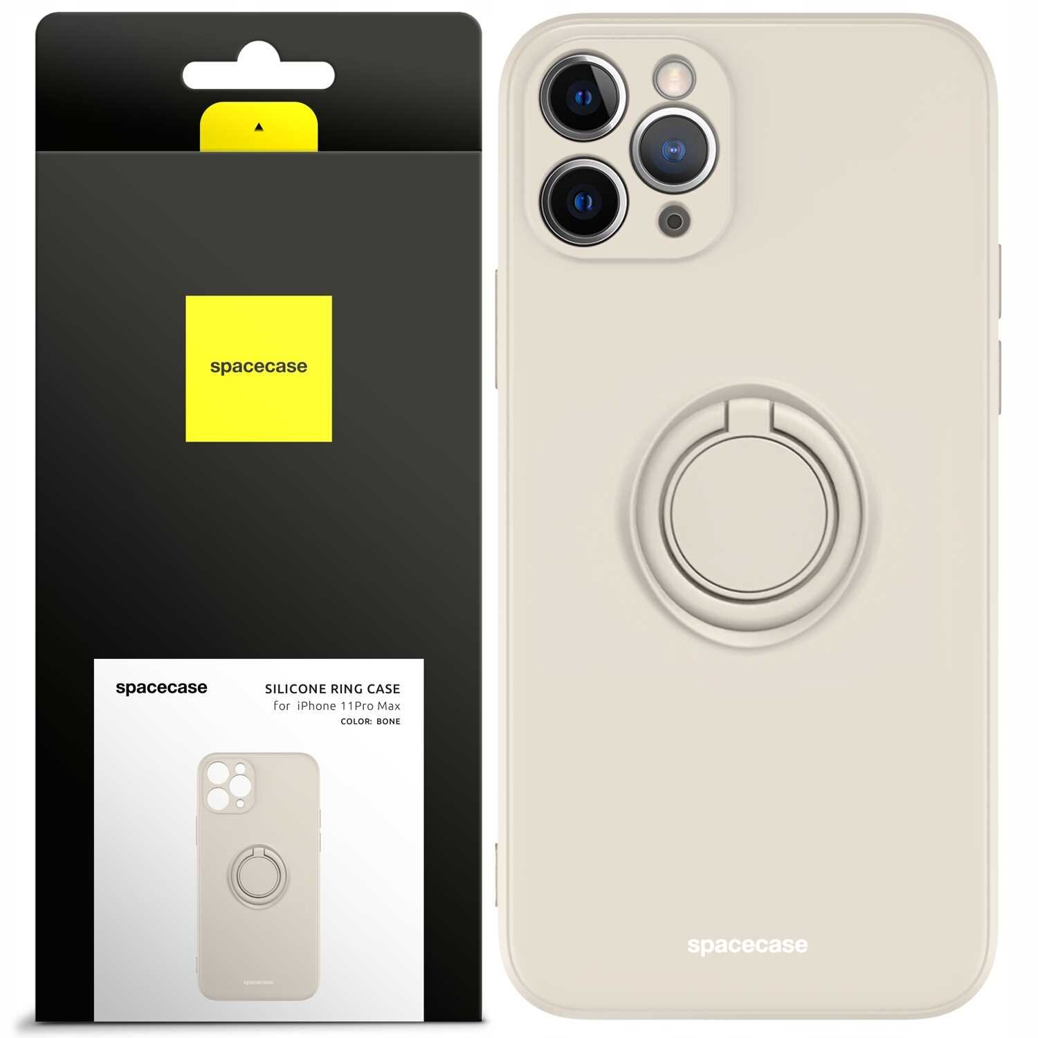 Obraz przedstawia beżowe silikonowe etui z pierścieniem na iPhone 11 Pro Max. Na opakowaniu widnieje logo \'spacecase\' oraz napis \'SILICONE RING CASE for iPhone 11 Pro Max COLOR: BONE\'.