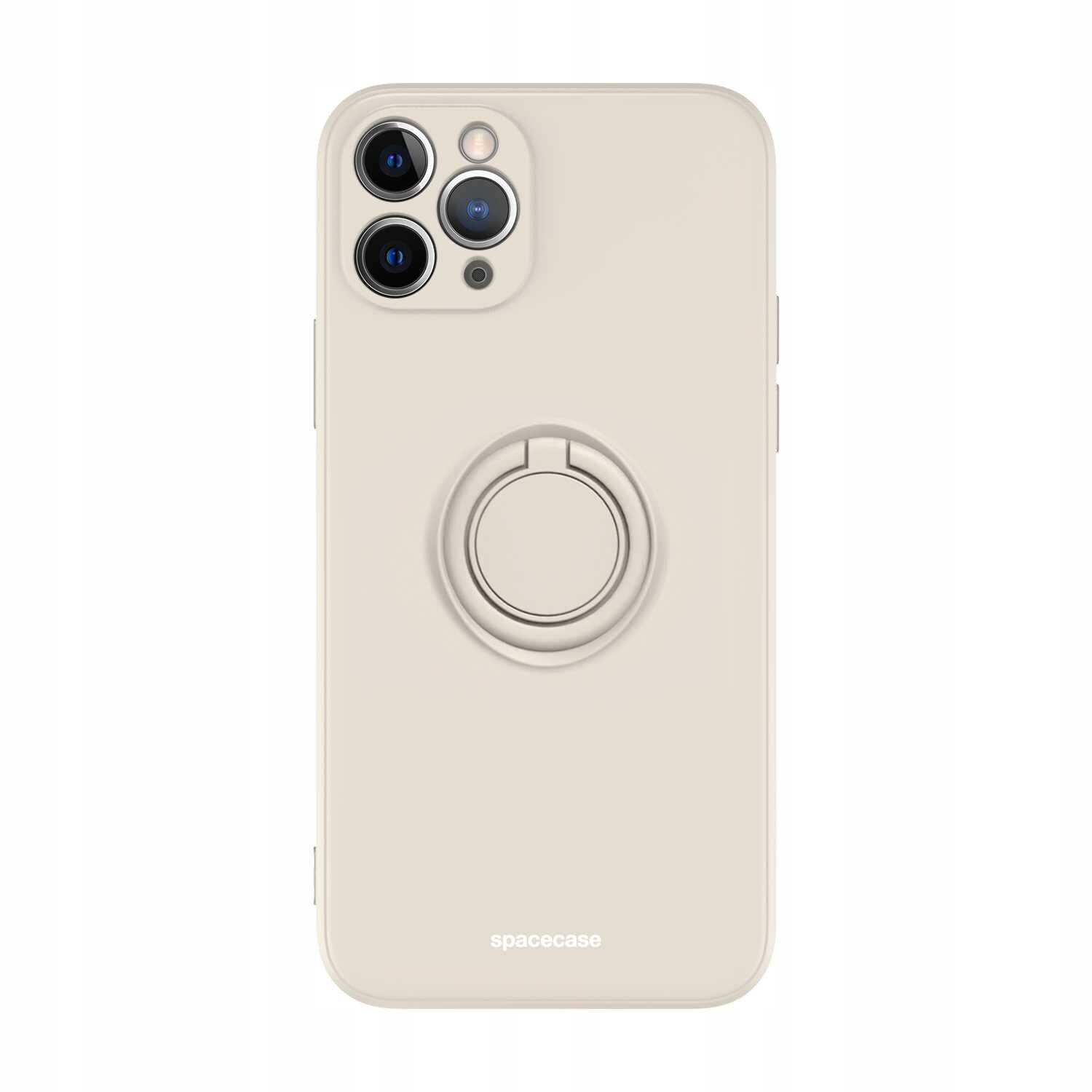 Beżowe silikonowe etui na telefon z trzema otworami na aparaty i centralnie umieszczonym pierścieniem. Na dole widoczny jest napis \'spacecase\'.