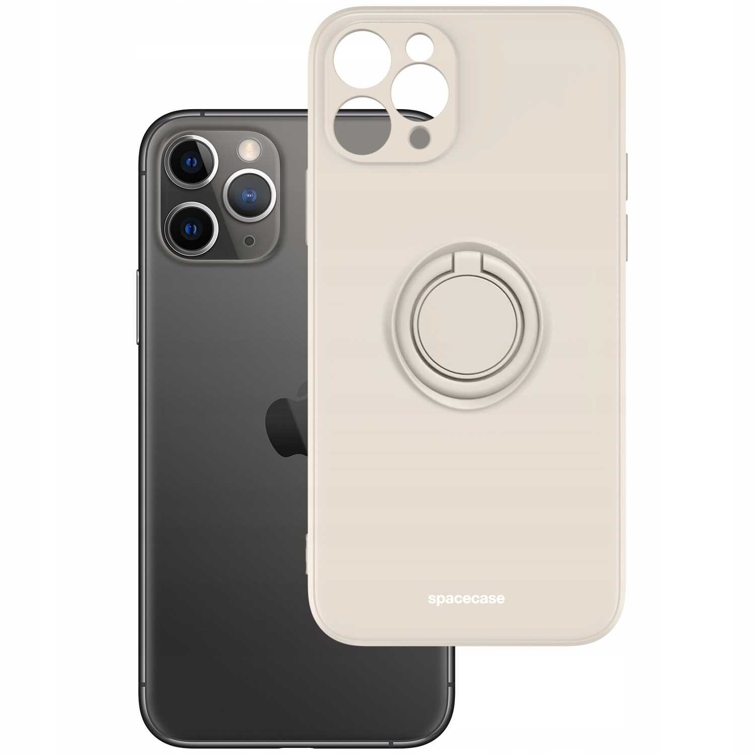 Beżowe silikonowe etui z pierścieniem na tylnej stronie, obok czarnego telefonu z trzema obiektywami aparatu. Na etui widoczny jest napis \'spacecase\'.