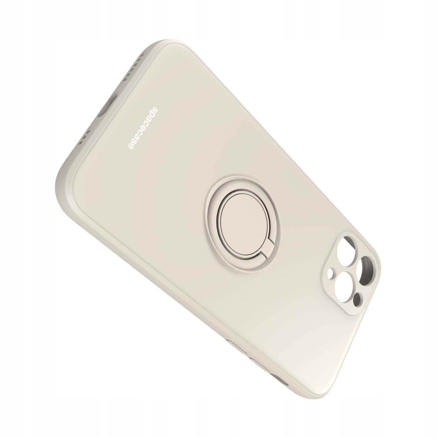 Beżowe silikonowe etui z pierścieniem na tylnej stronie, przeznaczone do iPhone 11 Pro Max. Na etui widoczne jest logo \'spacecase\'.