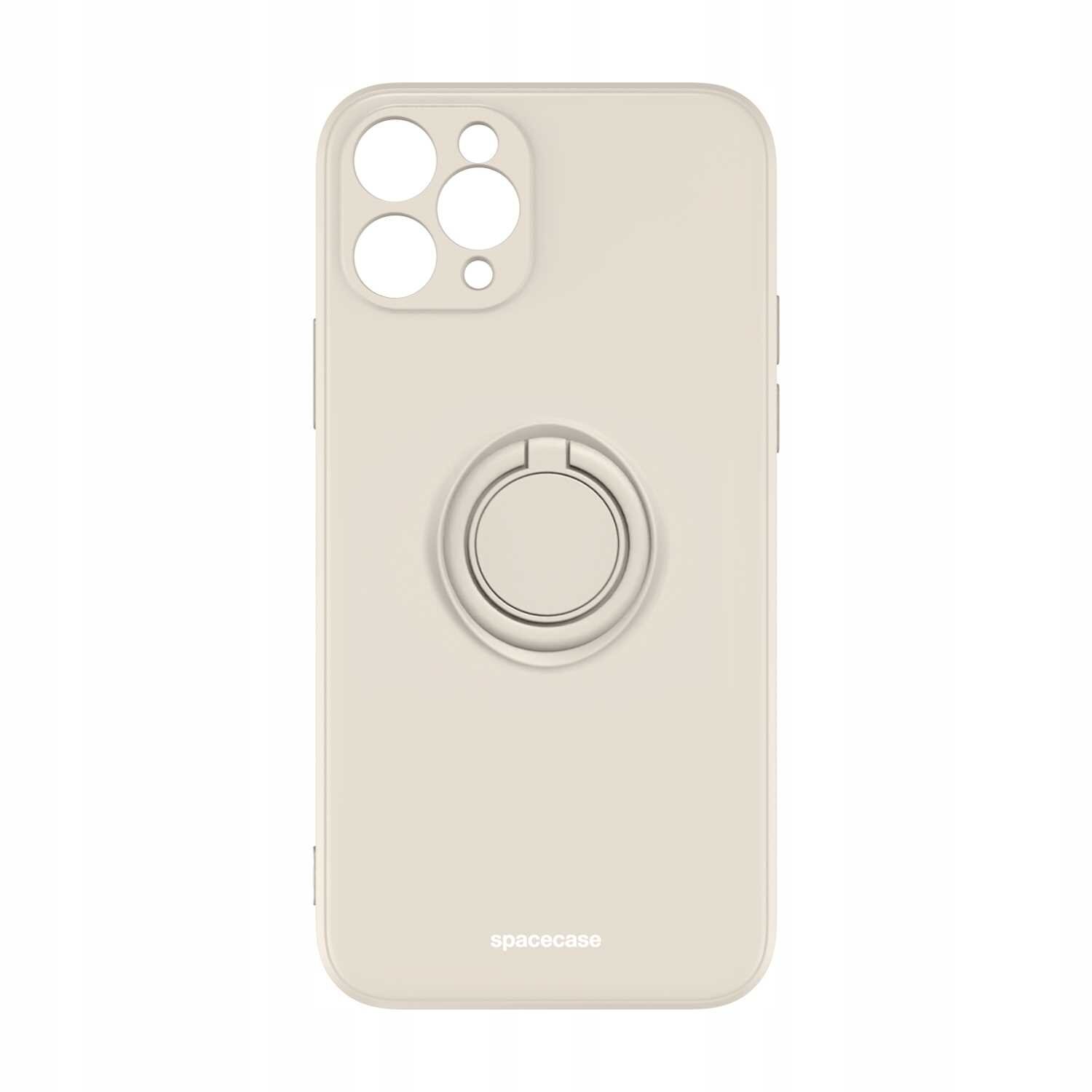 Beżowe silikonowe etui z pierścieniem na tylnej stronie, przeznaczone do telefonu z trzema otworami na aparat. Na dole widoczny jest napis \'spacecase\'.