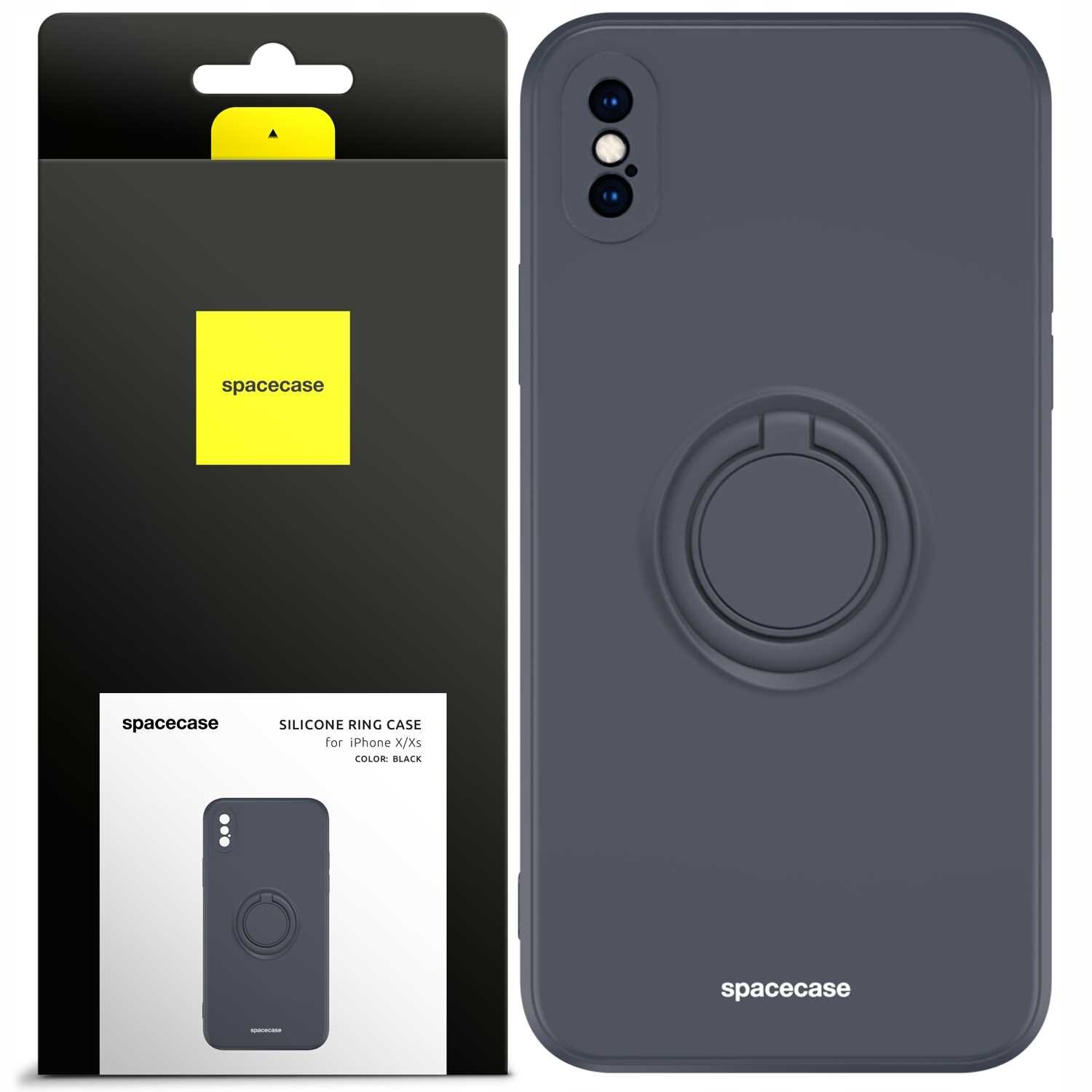 Czarne silikonowe etui SPACECASE z pierścieniem do iPhone X/Xs jest przedstawione na tle opakowania z logo \'spacecase\'. Na opakowaniu widnieje napis: \'SILICONE RING CASE for iPhone X/Xs COLOR: BLACK\'.