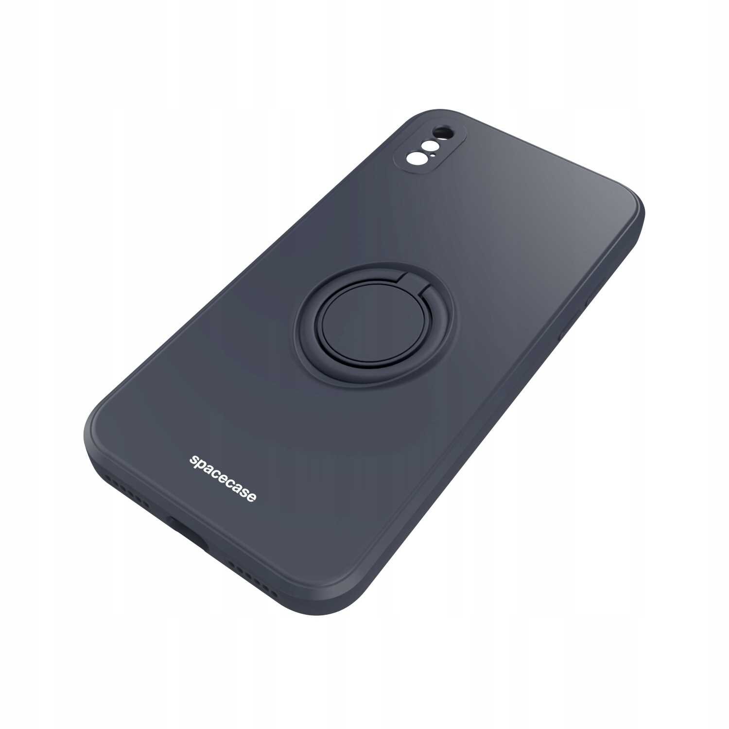 Czarne silikonowe etui z pierścieniem na tylnej części, przeznaczone do iPhone X/Xs. Na etui widoczne jest logo \'spacecase\'.