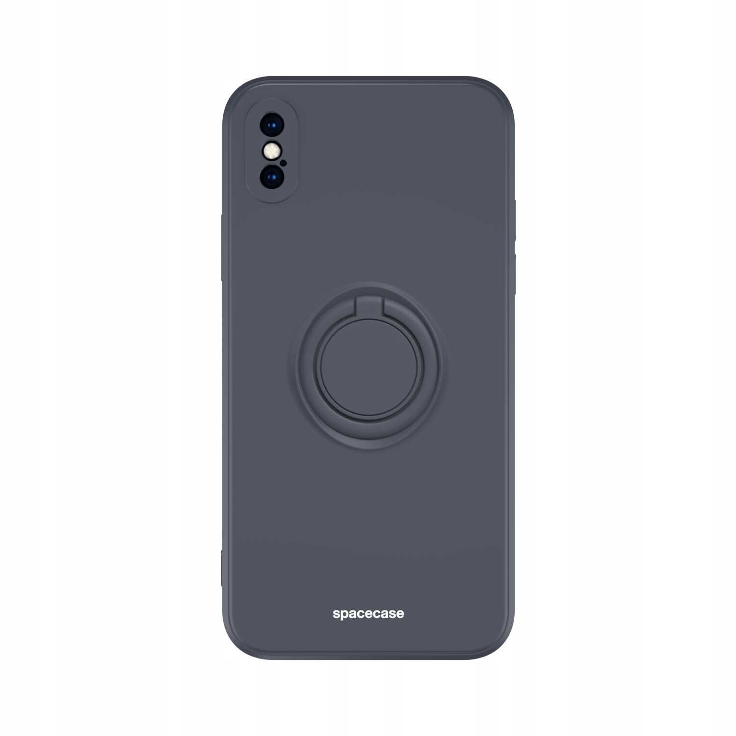 Czarne silikonowe etui z pierścieniem na tylnej stronie, przeznaczone do iPhone X/Xs. Na dole widoczny jest napis \'spacecase\'.