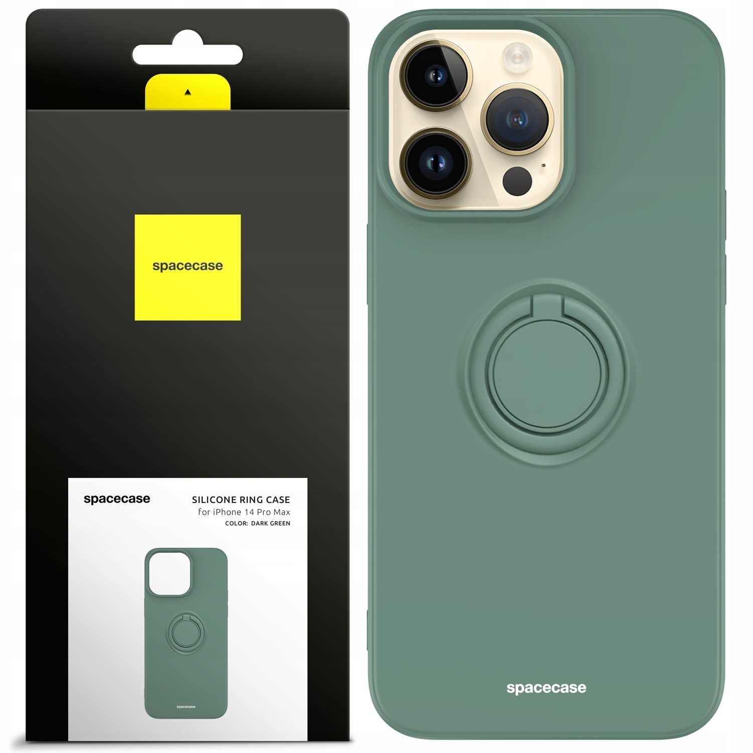 Obraz przedstawia zielone silikonowe etui z pierścieniem na iPhone 14 Pro Max oraz opakowanie z logo \'spacecase\'. Na opakowaniu widnieje napis: \'SILICONE RING CASE for iPhone 14 Pro Max COLOR: DARK GREEN\'.