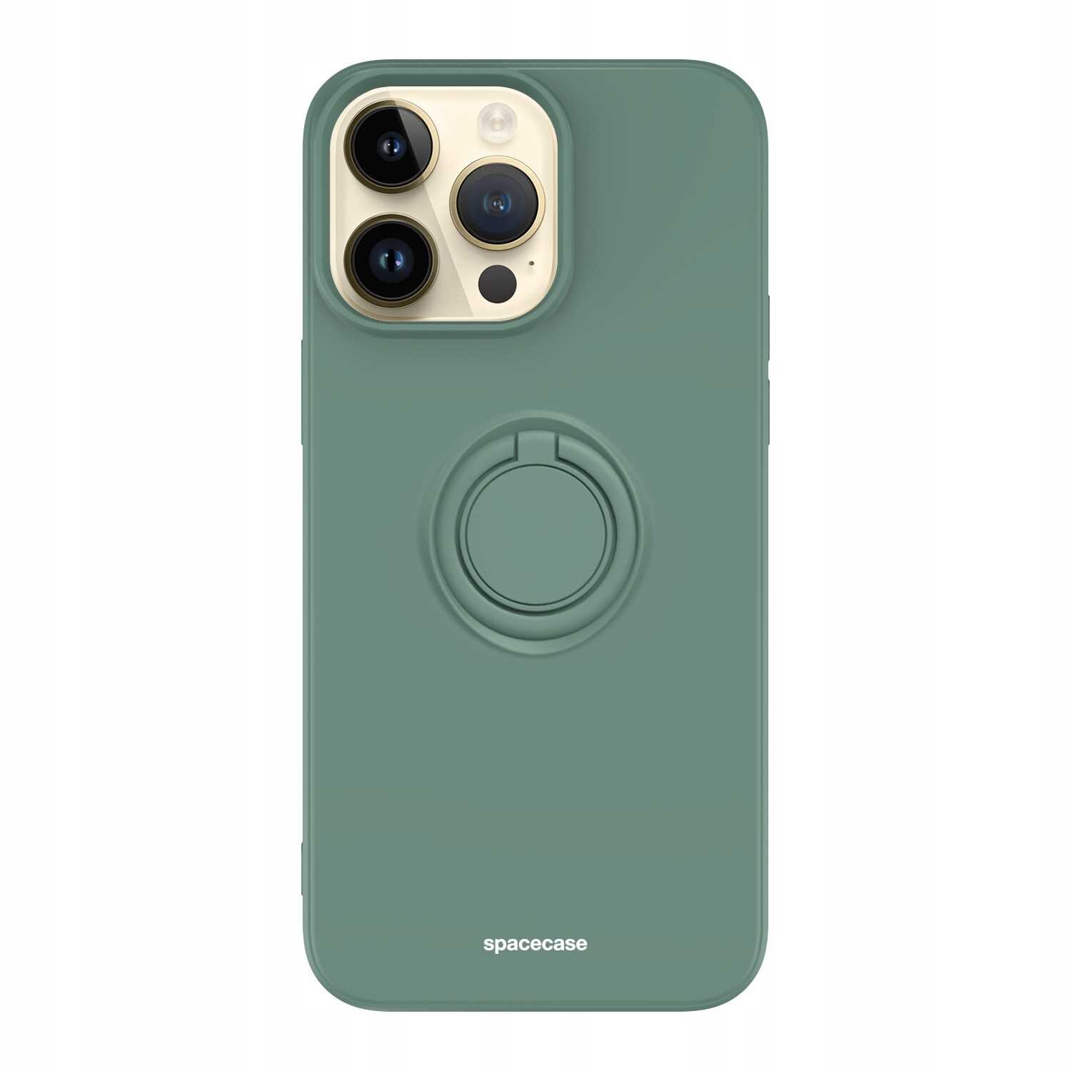 Zielone silikonowe etui z pierścieniem na tylnej stronie, przeznaczone do telefonu z trzema obiektywami aparatu. Na dole widoczny jest napis \'spacecase\'.