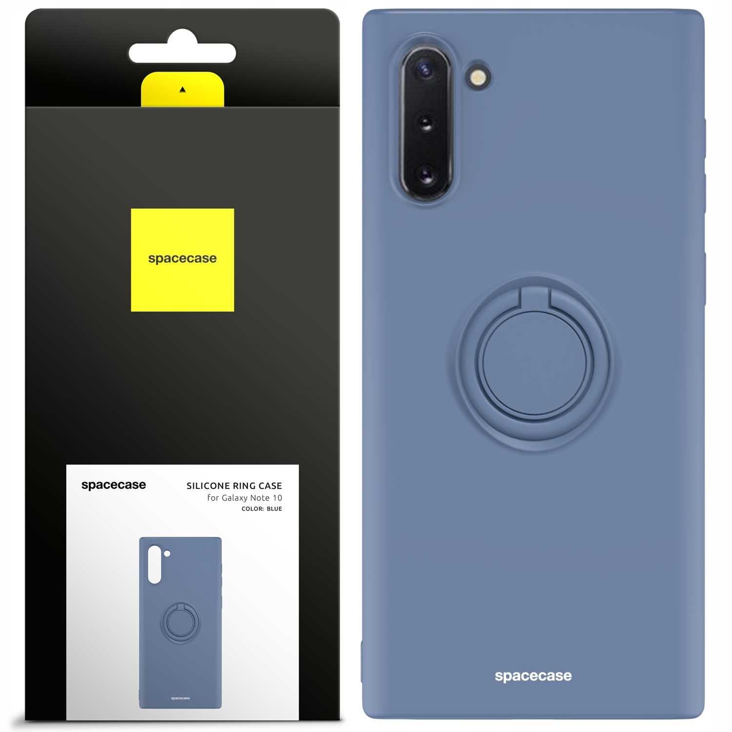 Obraz przedstawia niebieskie silikonowe etui z pierścieniem na Galaxy Note 10. Na opakowaniu widnieje logo \'spacecase\' oraz napis \'SILICONE RING CASE for Galaxy Note 10 COLOR: BLUE\'.