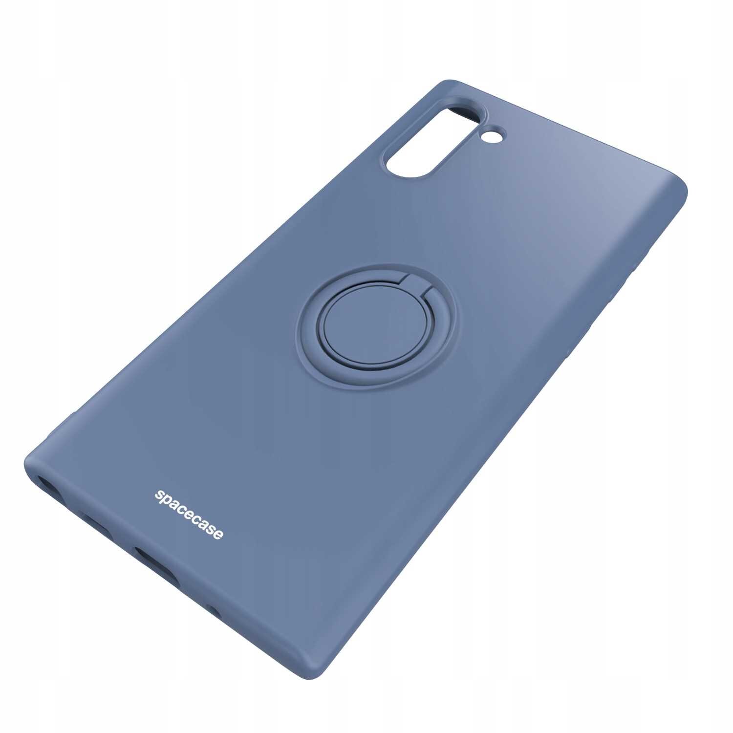 Niebieskie silikonowe etui z okrągłym uchwytem na tylnej stronie. Widoczne jest logo \'spacecase\'.