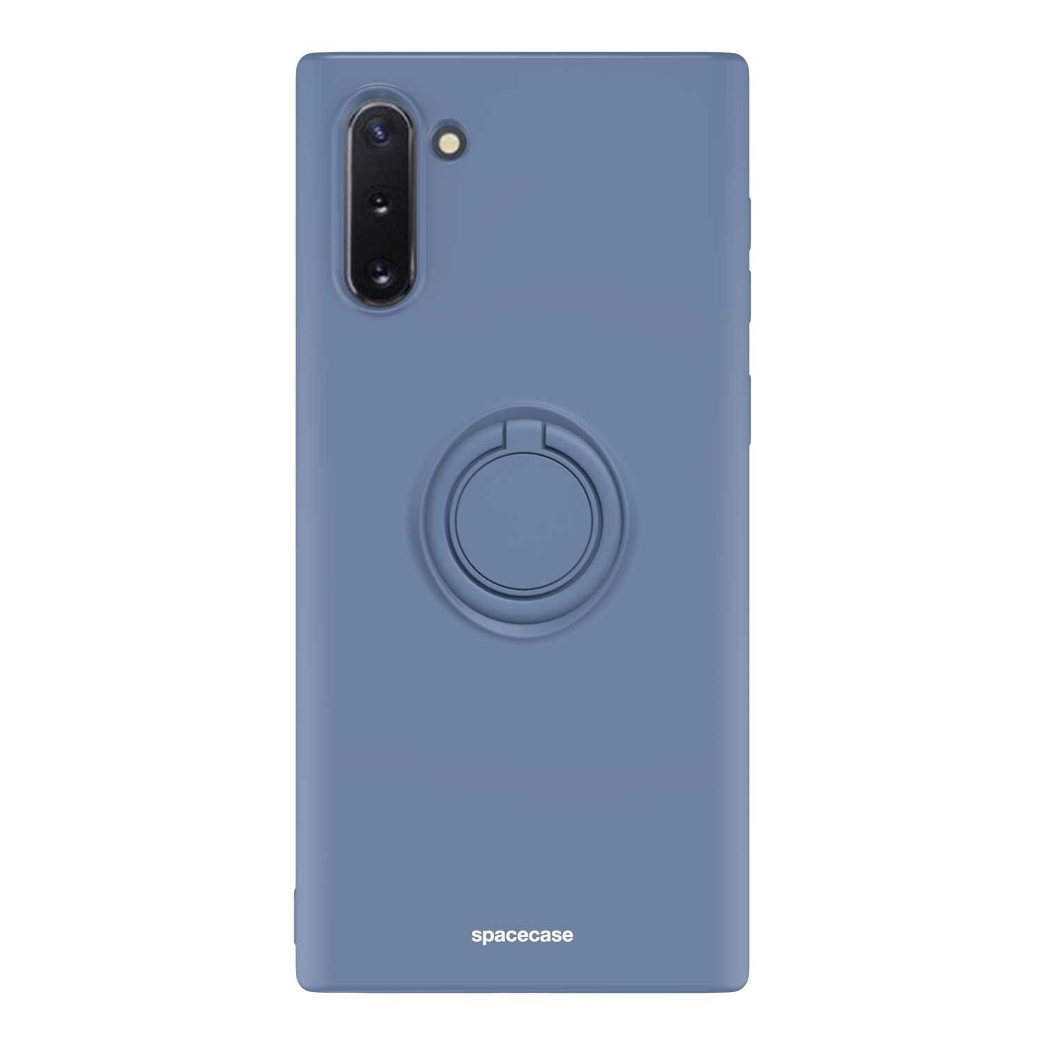 Niebieskie silikonowe etui z pierścieniem na tylnej stronie, przeznaczone do telefonu Galaxy Note 10. Na dole widoczne jest logo \'spacecase\'.
