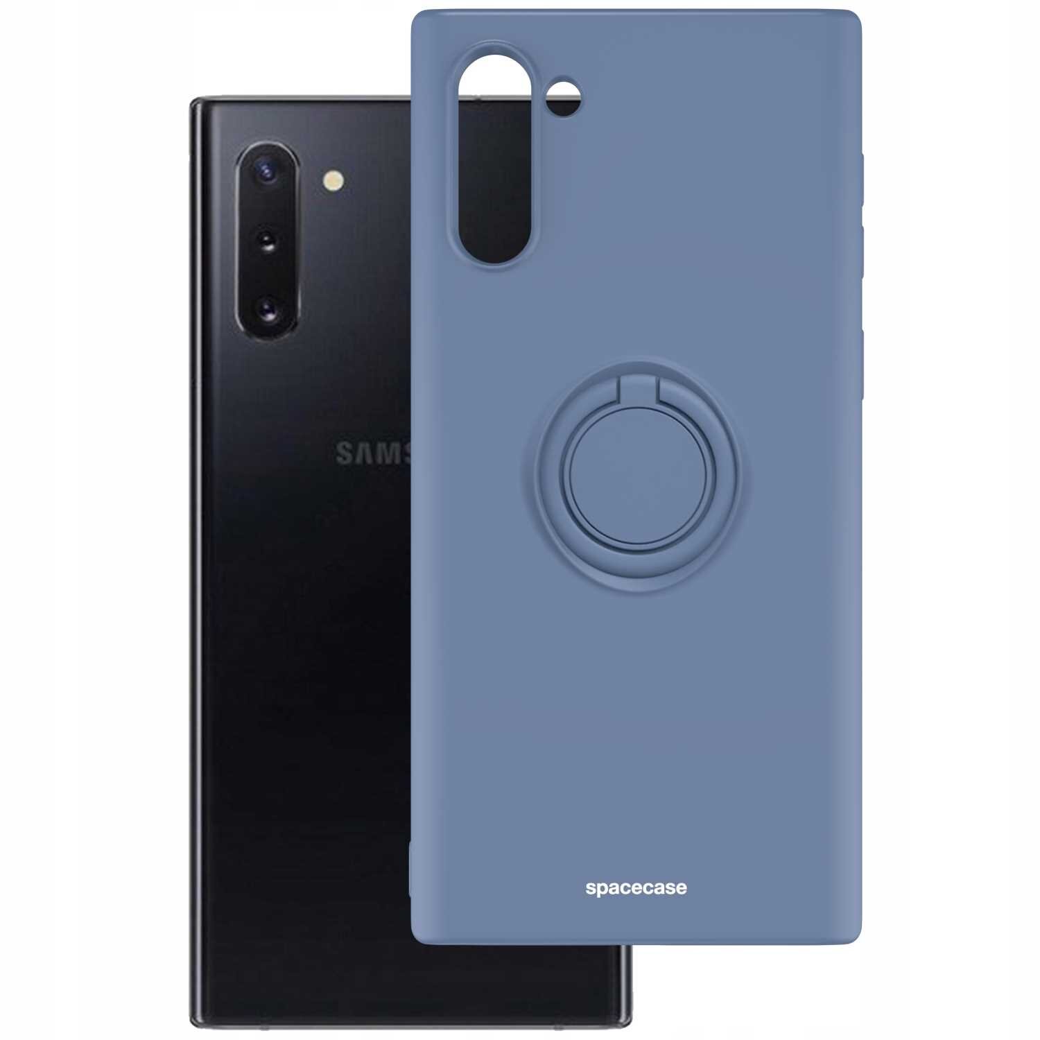 Na obrazie widoczne jest niebieskie silikonowe etui z pierścieniem, przeznaczone do telefonu Galaxy Note 10. Na etui znajduje się napis \'spacecase\'.
