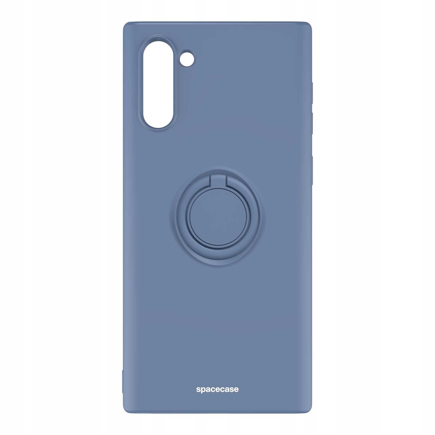 Niebieskie silikonowe etui z pierścieniem na tylnej stronie, przeznaczone do Galaxy Note 10. Na dole widoczny jest napis \'spacecase\'.