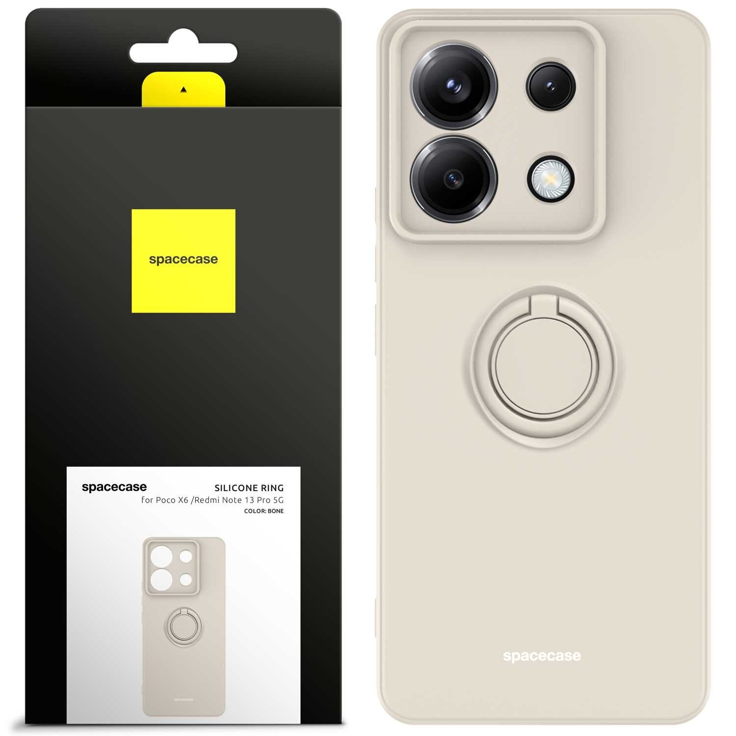 Beżowe silikonowe etui z pierścieniem na tył telefonu, zaprojektowane dla modeli Poco X6 i Redmi Note 13 Pro 5G. Opakowanie zawiera logo \'spacecase\' na żółtym tle.
