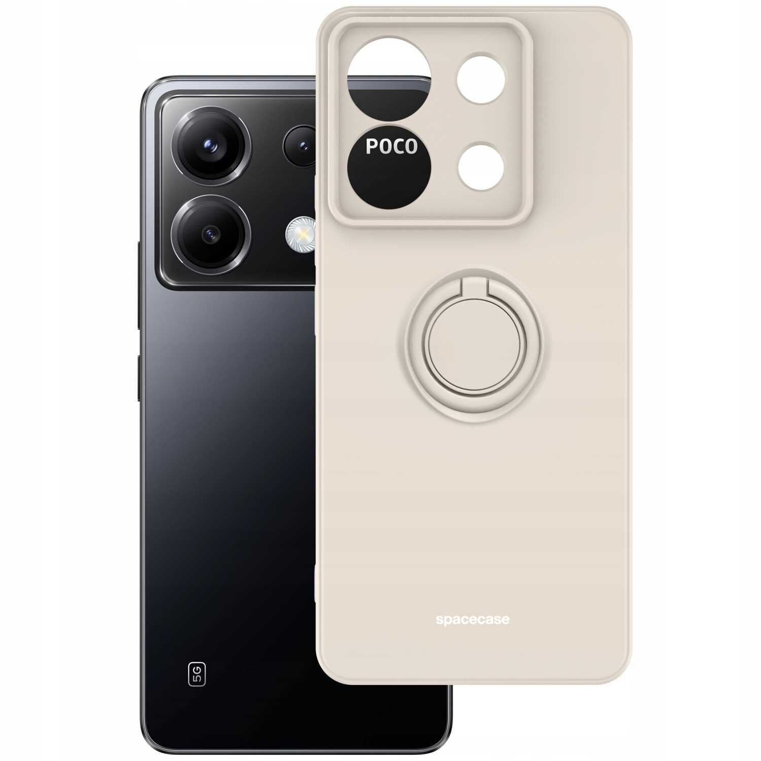 Beżowe silikonowe etui z pierścieniem, z wycięciami na aparat i logo \'POCO\'. Widoczny jest również telefon z trzema obiektywami aparatu i napisem \'5G\'.
