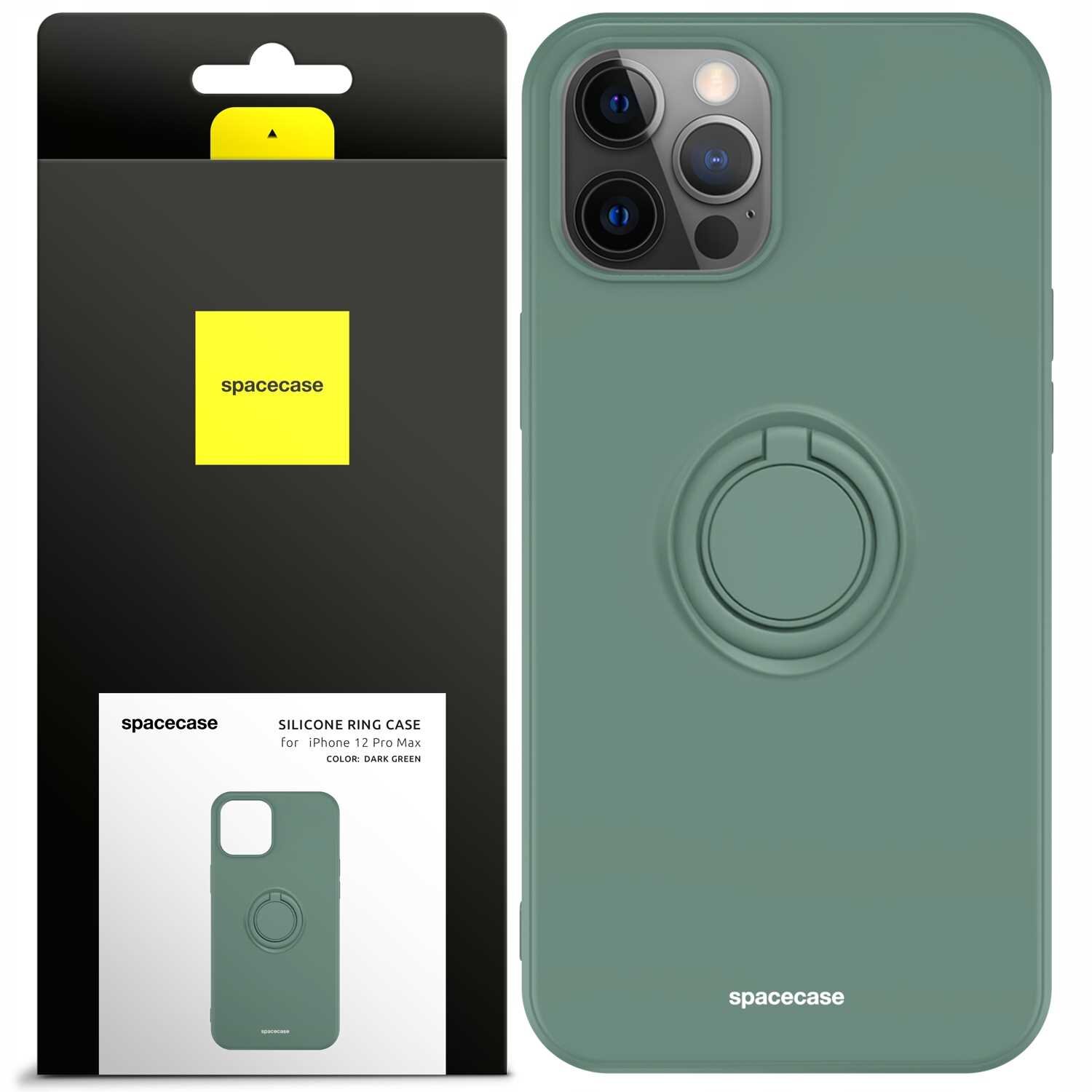 Zielone silikonowe etui z pierścieniem na iPhone 12 Pro Max, obok opakowanie z logo \'spacecase\'.
