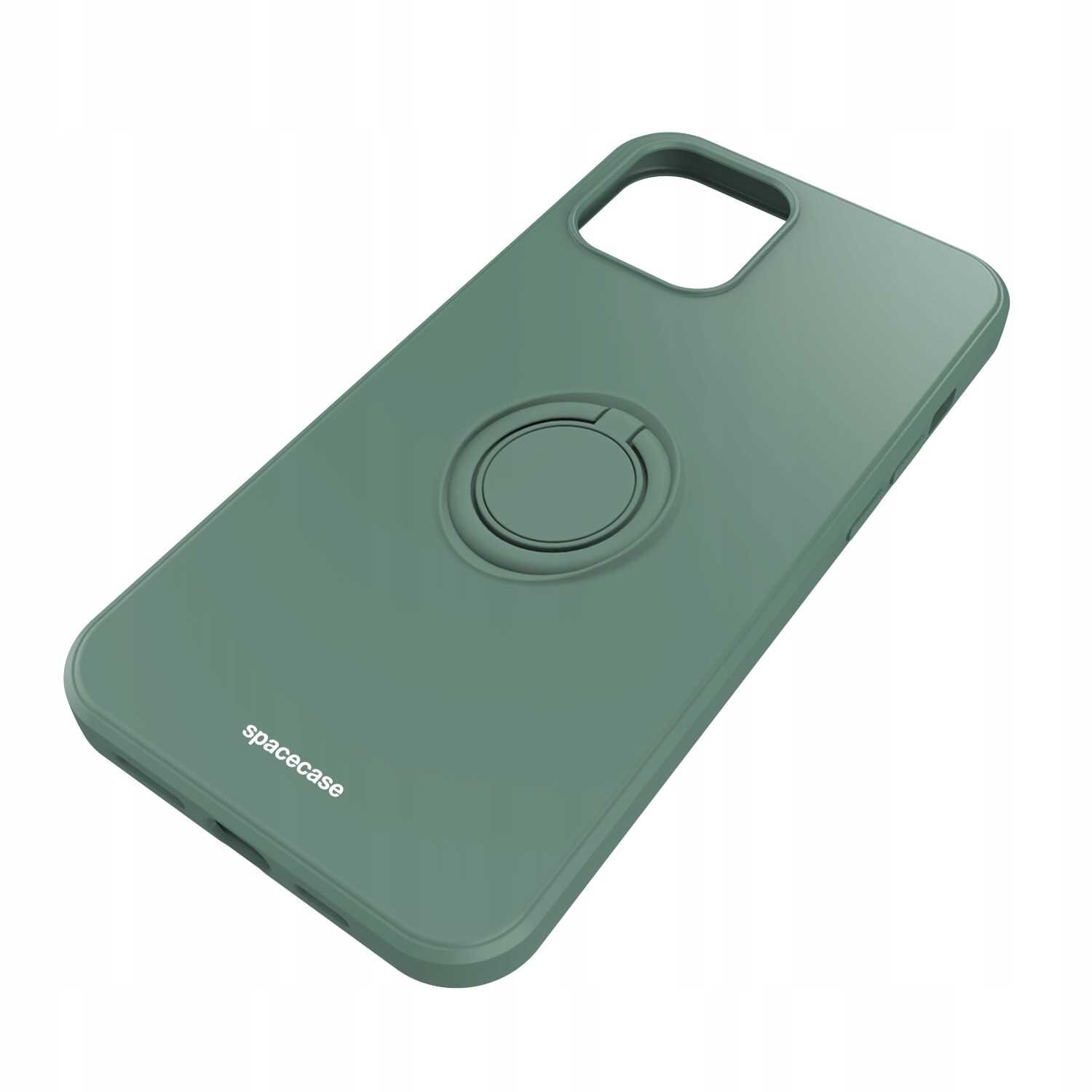 Zielone silikonowe etui z okrągłym uchwytem na tylnej stronie. Widoczne jest logo \'spacecase\'.