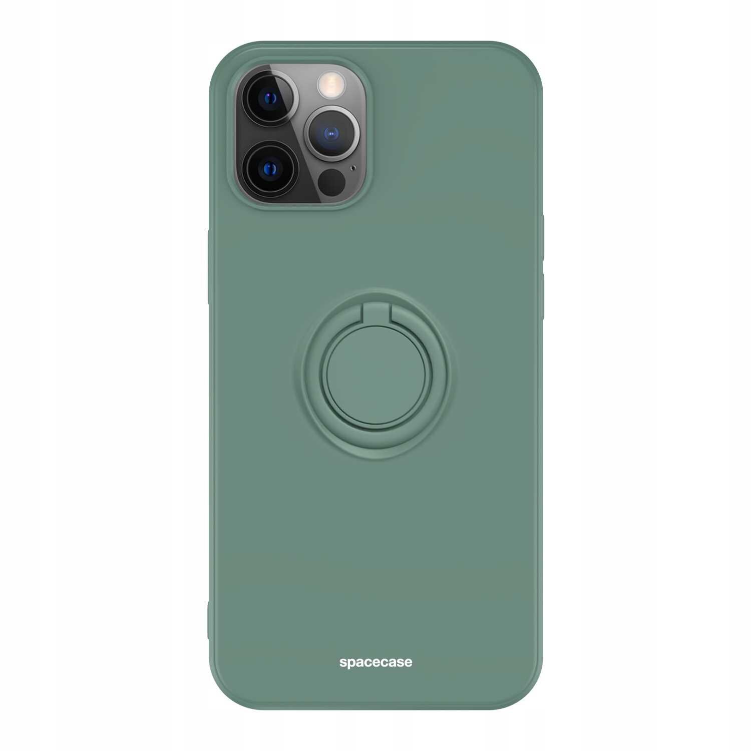 Zielone silikonowe etui z pierścieniem na tylnej stronie, przeznaczone do iPhone 12 Pro Max. Na dole widoczny jest napis \'spacecase\'.