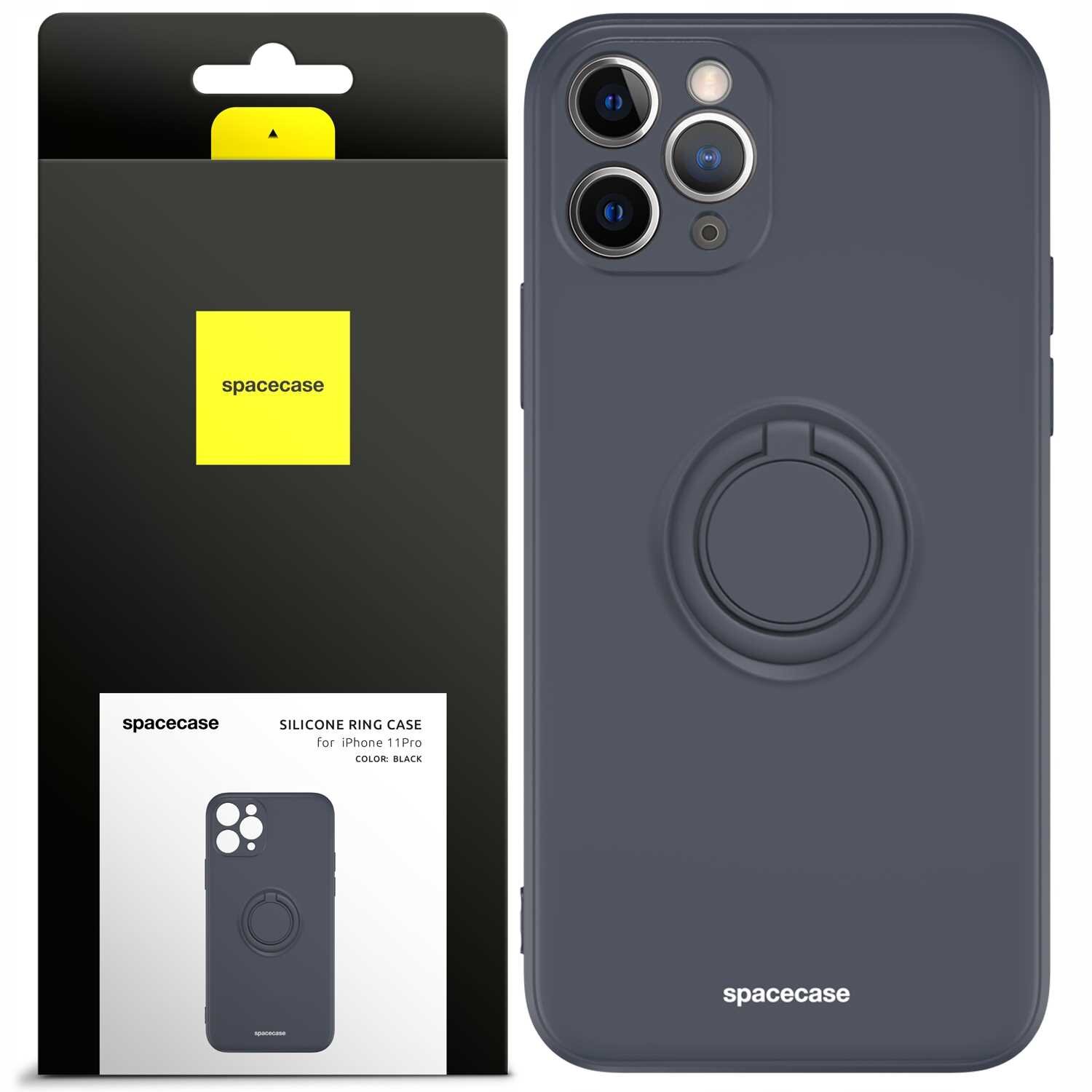 Czarne silikonowe etui SPACECASE z pierścieniem do iPhone 11 Pro. Opakowanie zawiera logo \'spacecase\' i napis \'SILICONE RING CASE for iPhone 11 Pro COLOR: BLACK\'.