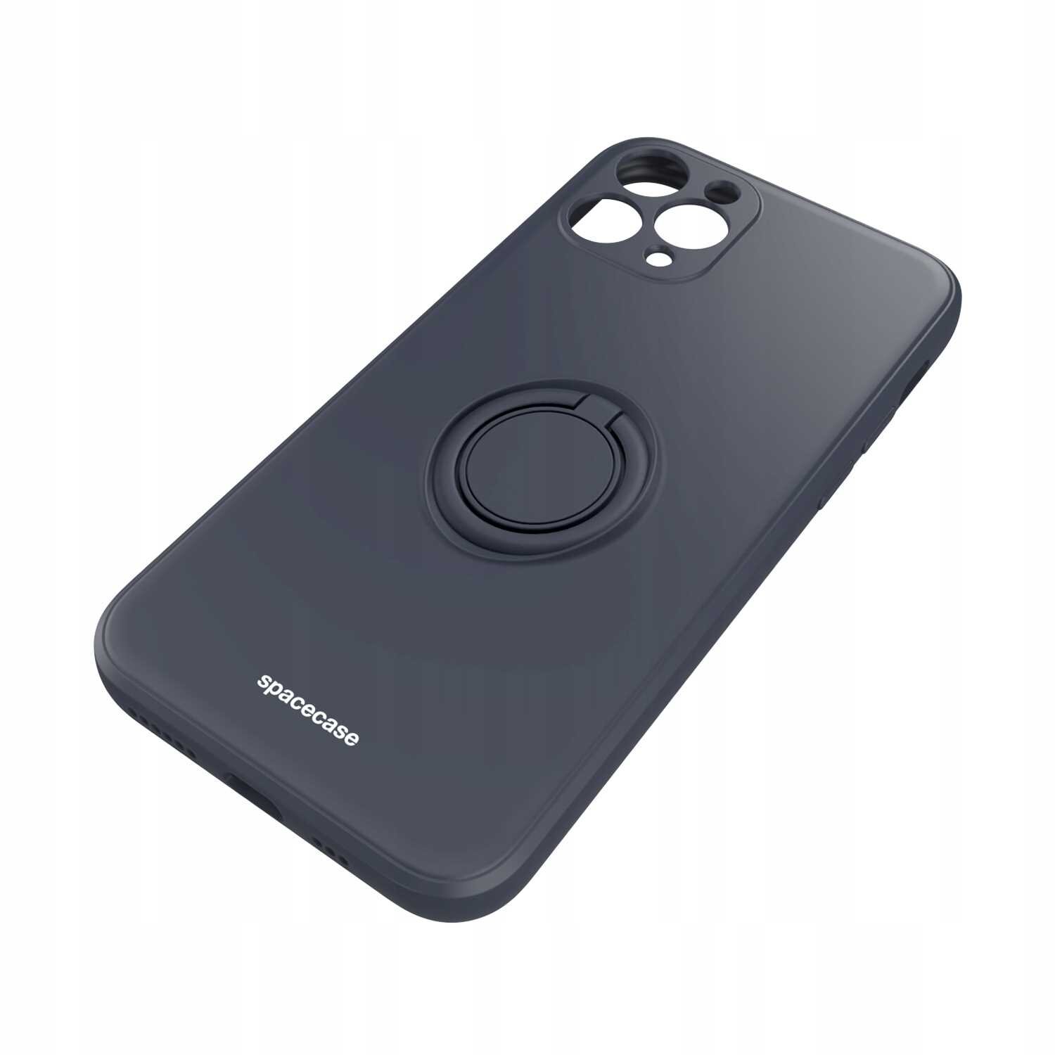 Czarne silikonowe etui z pierścieniem na tylnej części, przeznaczone do iPhone 11 Pro. Na etui widoczne jest logo \'spacecase\'.