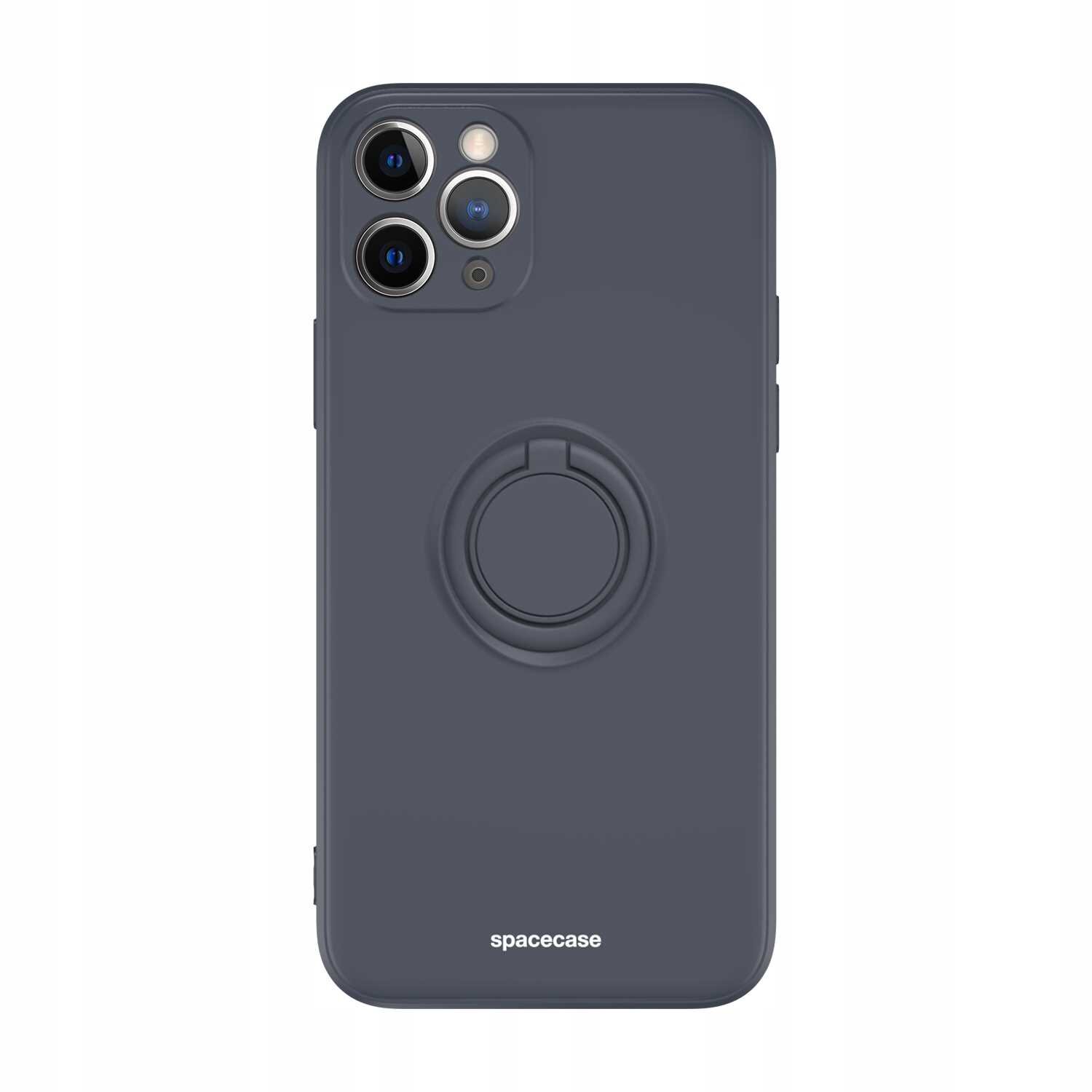 Czarne silikonowe etui z pierścieniem na tylnej stronie, przeznaczone do iPhone 11 Pro. Na dole widoczny jest napis \'spacecase\'.
