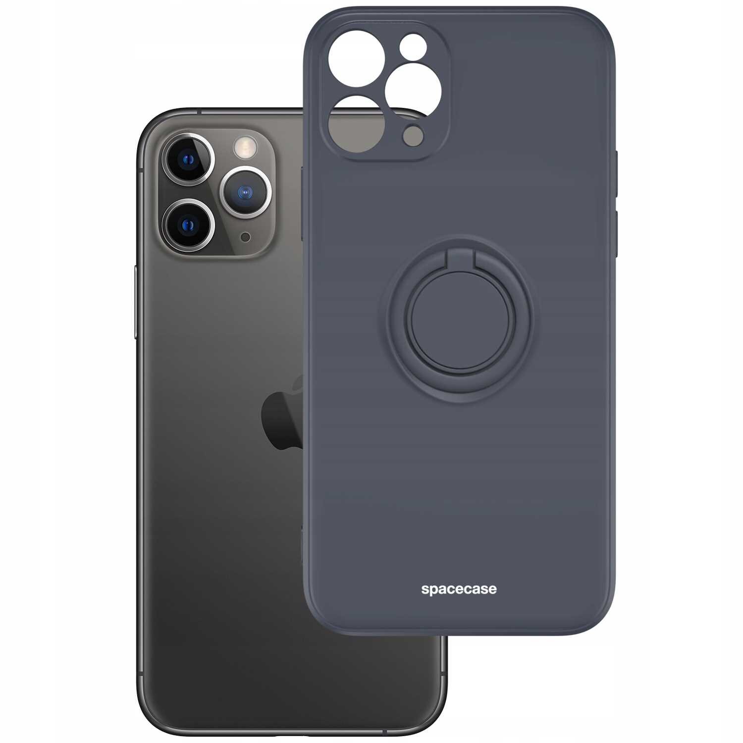 Na obrazie widoczne jest czarne silikonowe etui z pierścieniem, przeznaczone do iPhone 11 Pro. Na etui znajduje się napis \'spacecase\'.