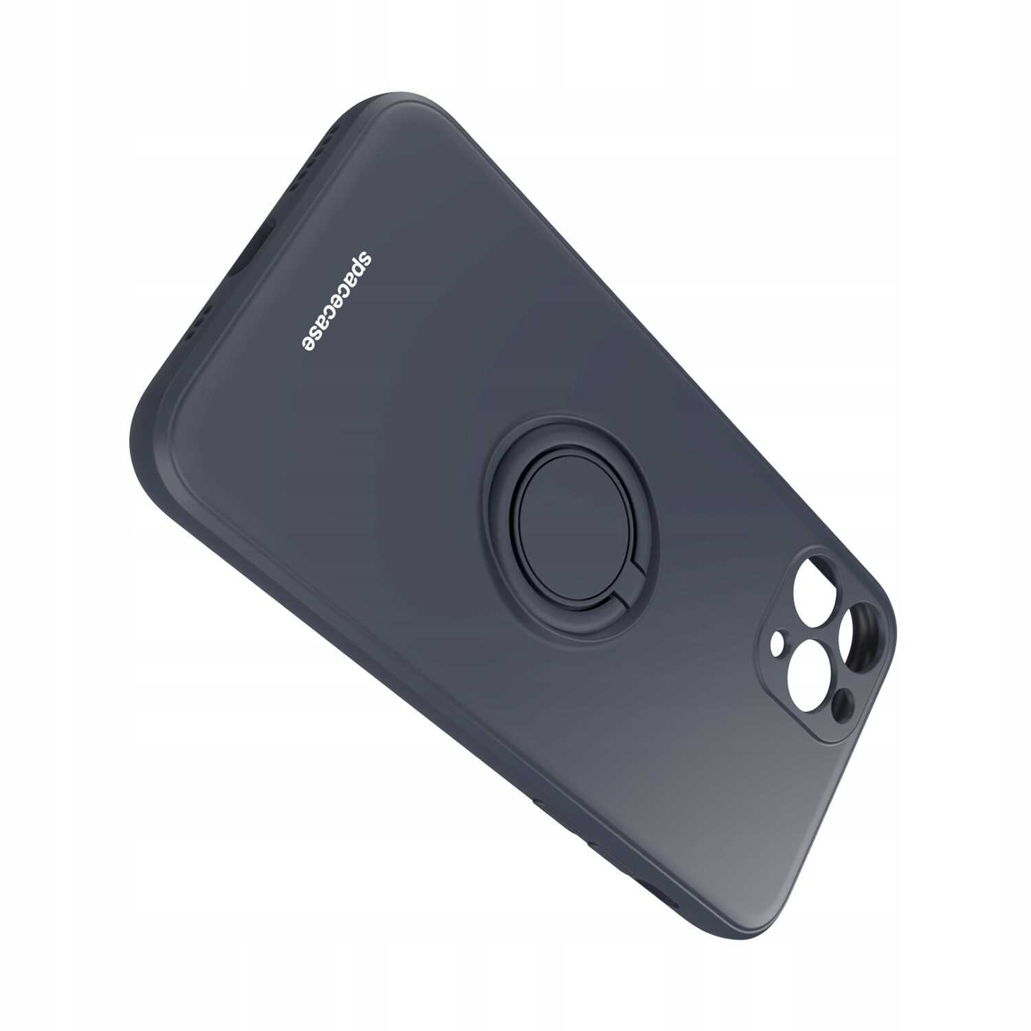 Czarne silikonowe etui z pierścieniem na tylnej stronie, przeznaczone do iPhone 11 Pro. Na etui widoczne jest logo \'Spacecase\'.