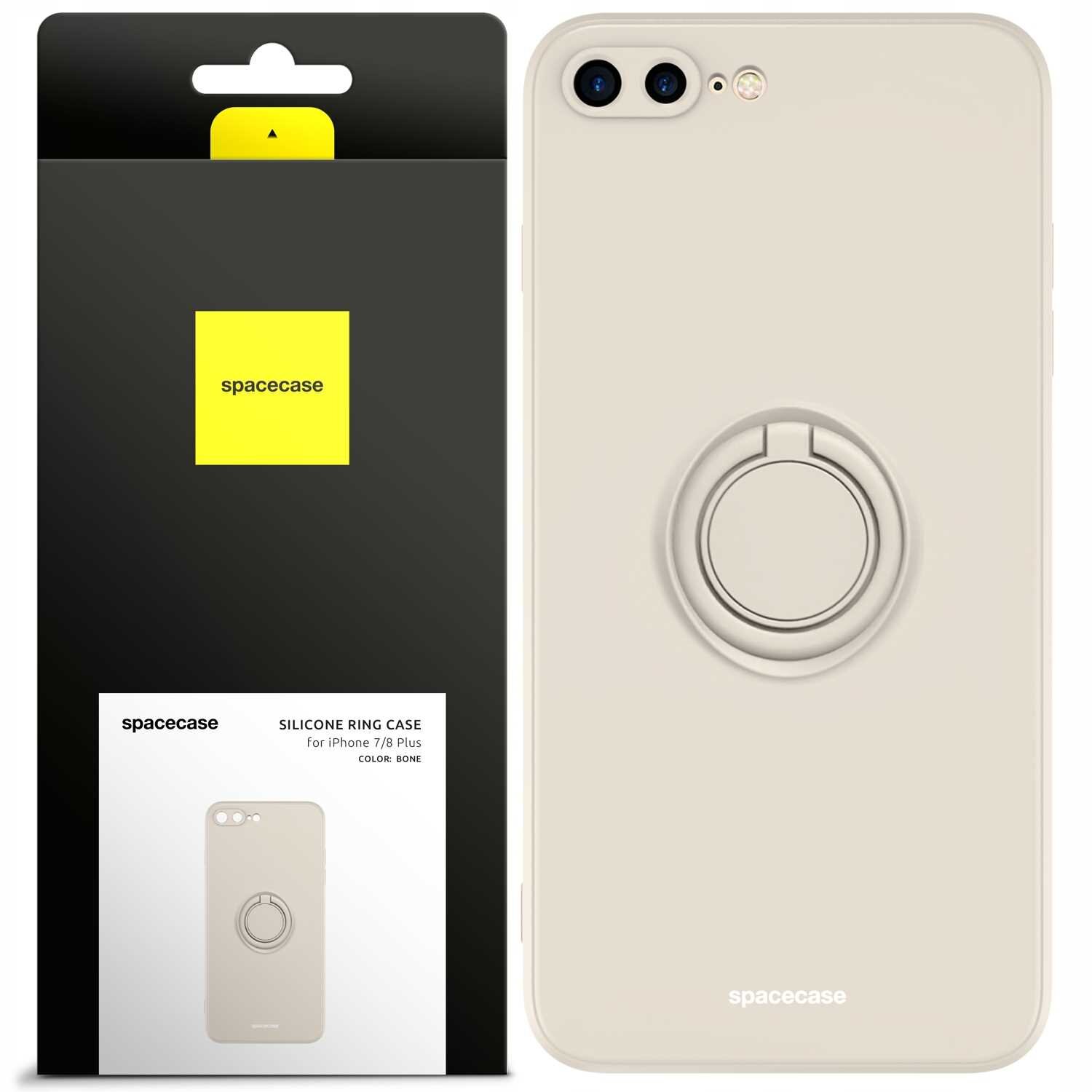 Obraz przedstawia beżowe silikonowe etui z pierścieniem na iPhone 7/8 Plus. Opakowanie produktu ma czarną i żółtą kolorystykę z logo \'spacecase\'.