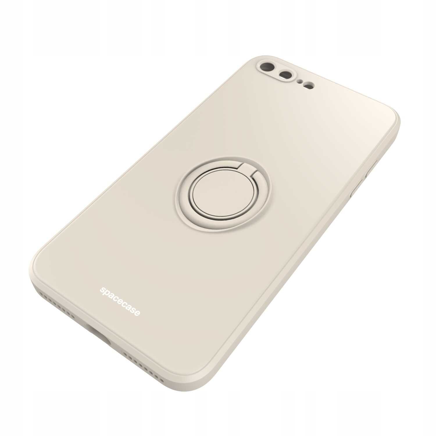 Beżowe silikonowe etui z pierścieniem na tylnej stronie, przeznaczone do iPhone 7/8 Plus. Na etui widoczne jest logo \'spacecase\'.