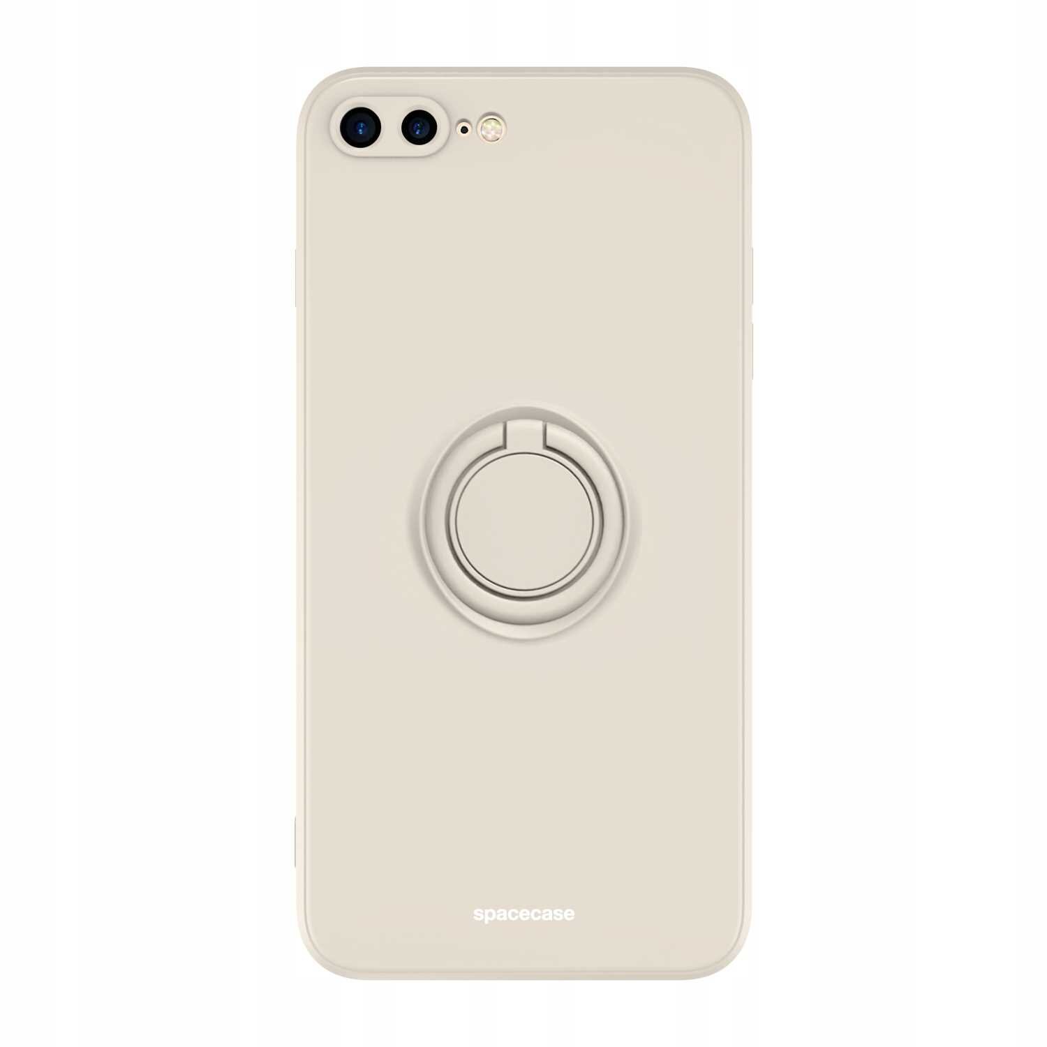Beżowe silikonowe etui z pierścieniem na tylnej stronie, przeznaczone do iPhone 7/8 Plus. Na dole widoczny jest napis \'spacecase\'.